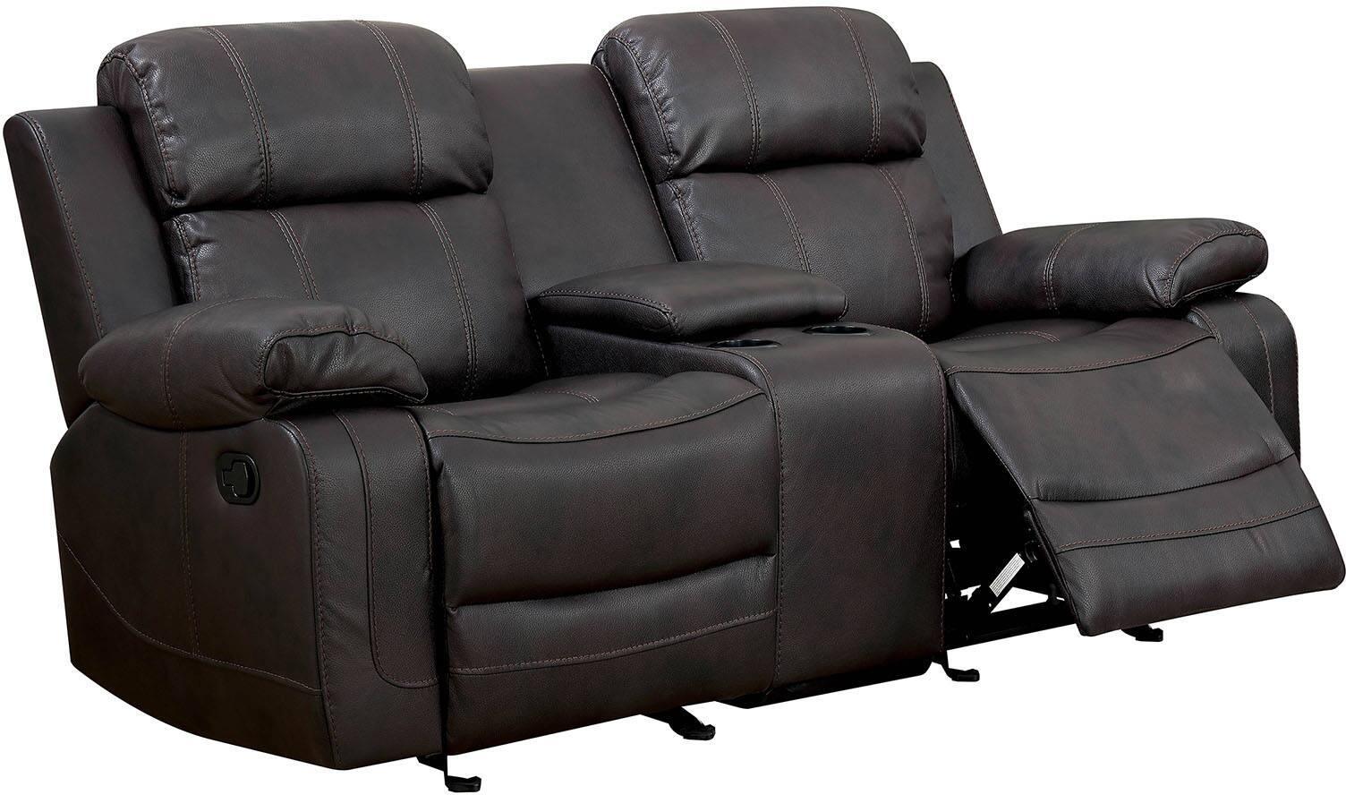 

    
Transitional Dark Brown Breathable Leatherette Recliner Living Room Set 3pcs Furniture of America Pondera
