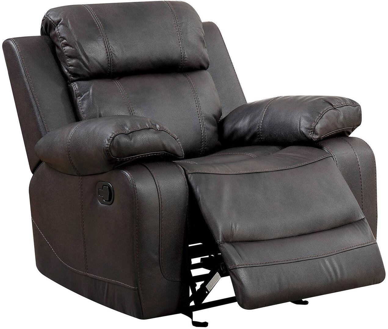 

                    
Furniture of America CM6568-3PC Pondera Recliner Sofa Loveseat and Chair Dark Brown Breathable Leatherette Purchase 

