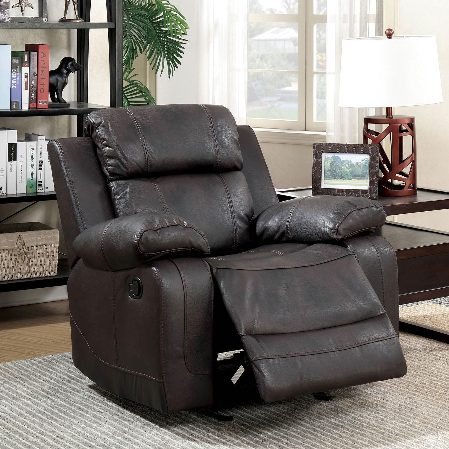 

    
CM6568-3PC Transitional Dark Brown Breathable Leatherette Recliner Living Room Set 3pcs Furniture of America Pondera
