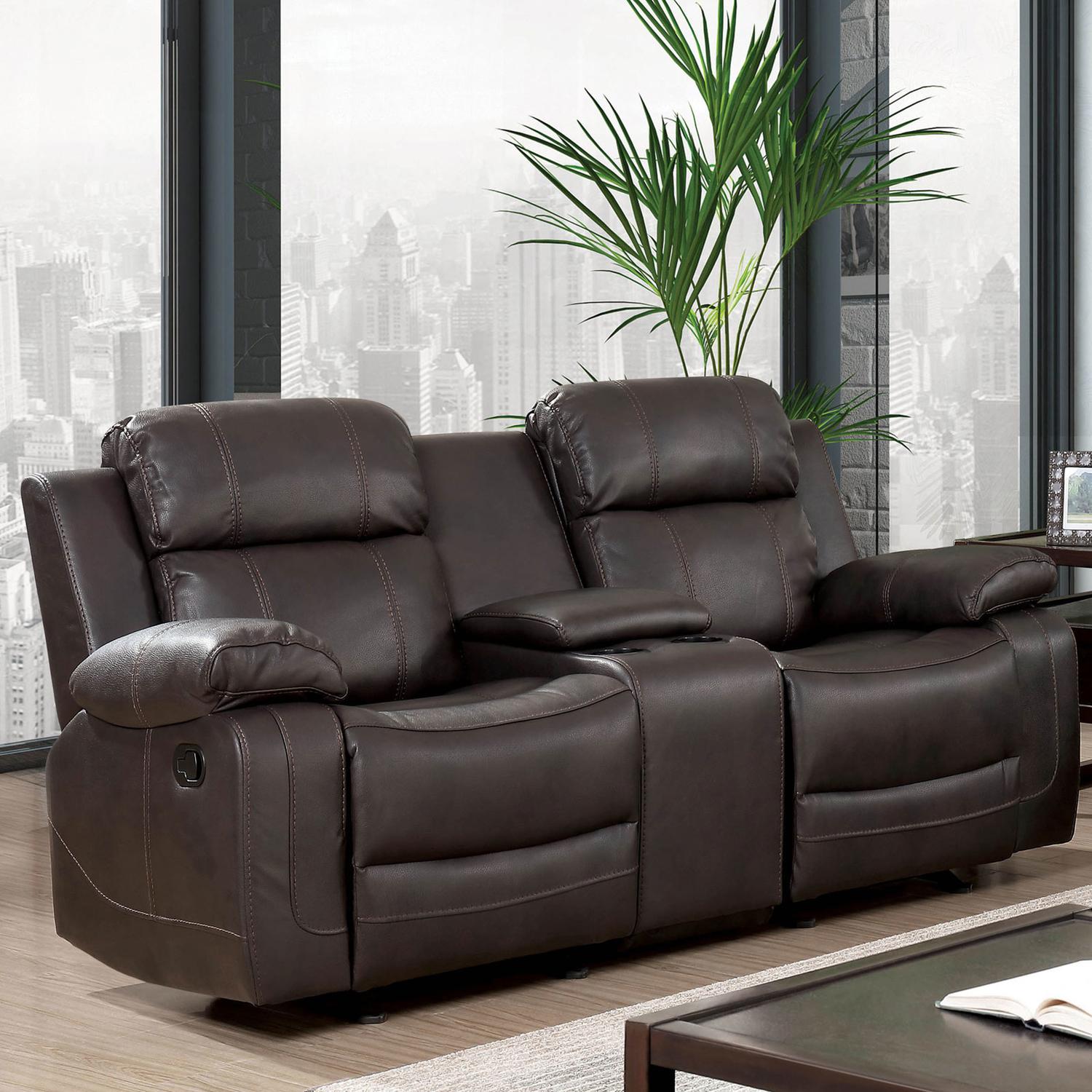 

                    
Furniture of America CM6568-2PC Pondera Recliner Sofa and Loveseat Dark Brown Breathable Leatherette Purchase 
