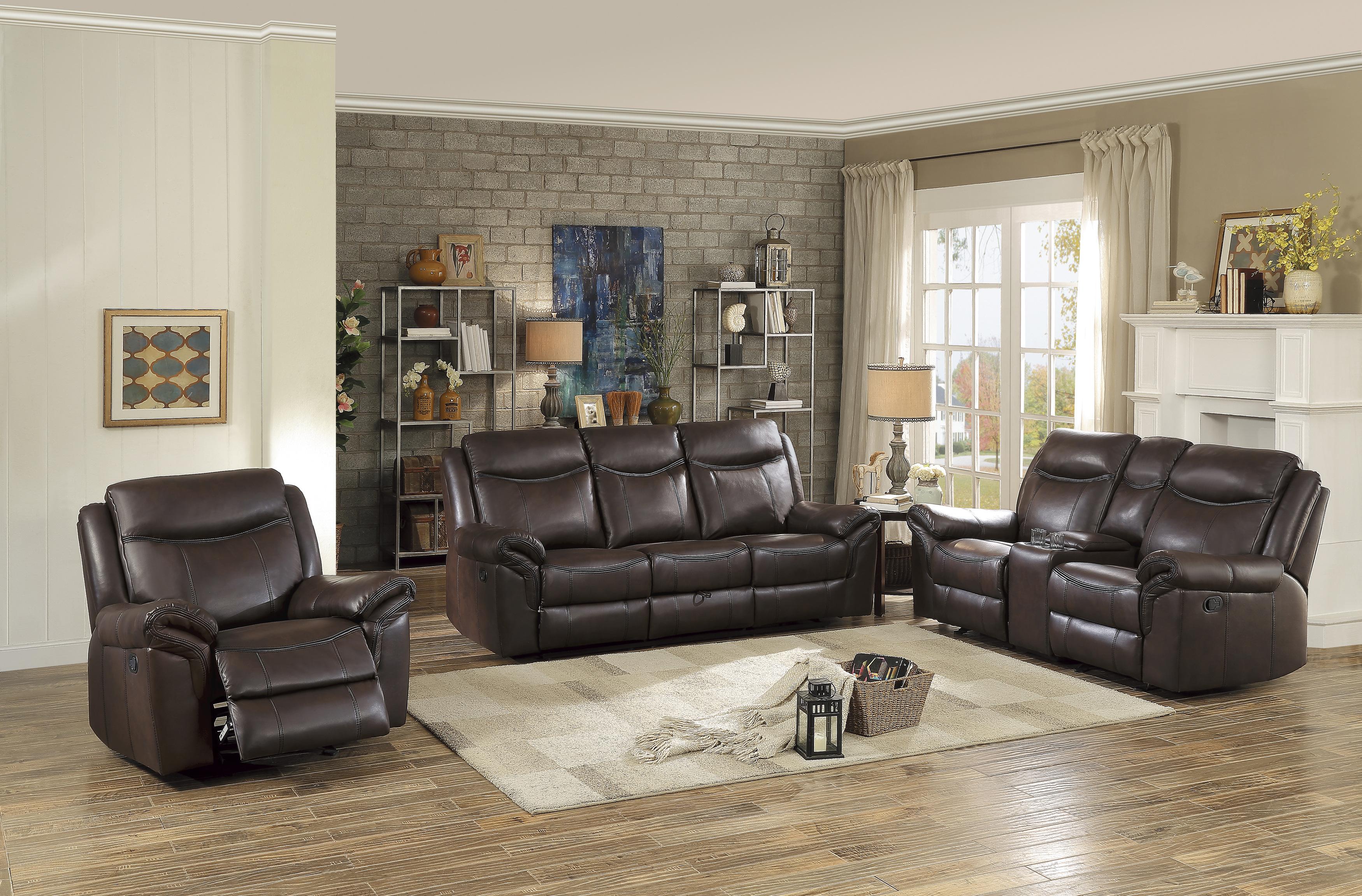

    
Transitional Dark Brown Faux Leather Reclining Sofa Homelegance 8206BRW-3 Aram
