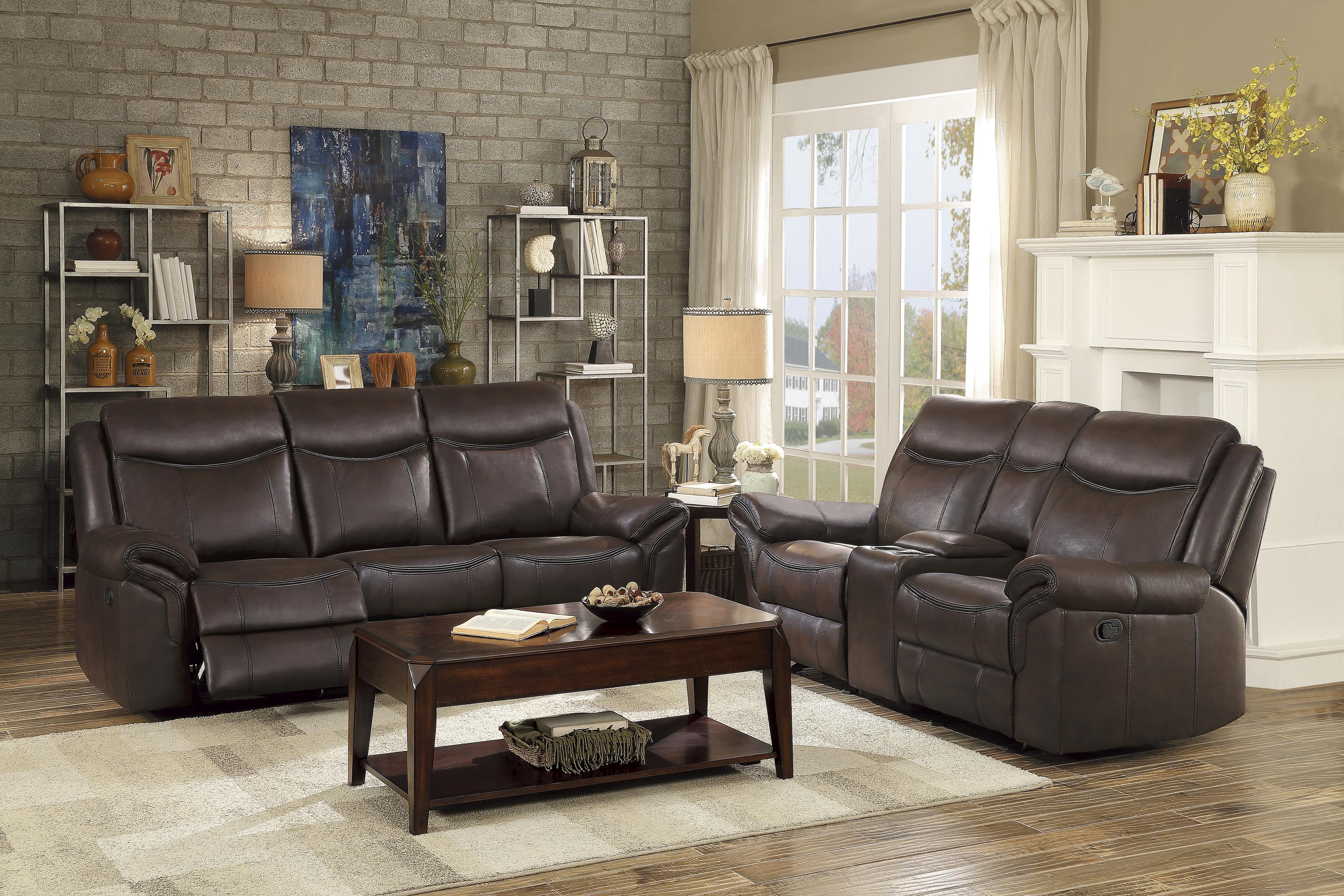 

    
 Photo  Transitional Dark Brown Faux Leather Reclining Sofa Homelegance 8206BRW-3 Aram
