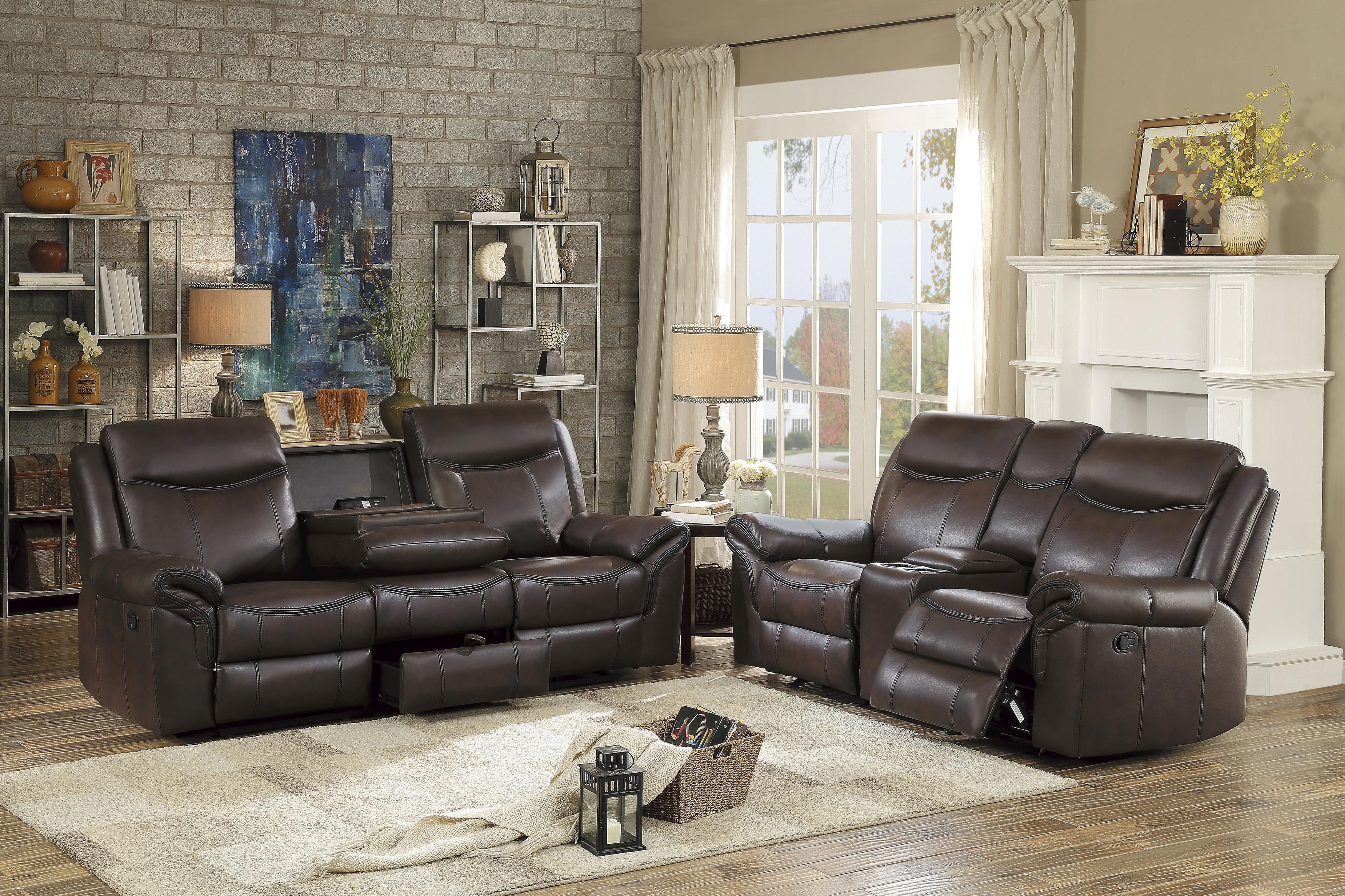 

    
 Shop  Transitional Dark Brown Faux Leather Reclining Sofa Homelegance 8206BRW-3 Aram

