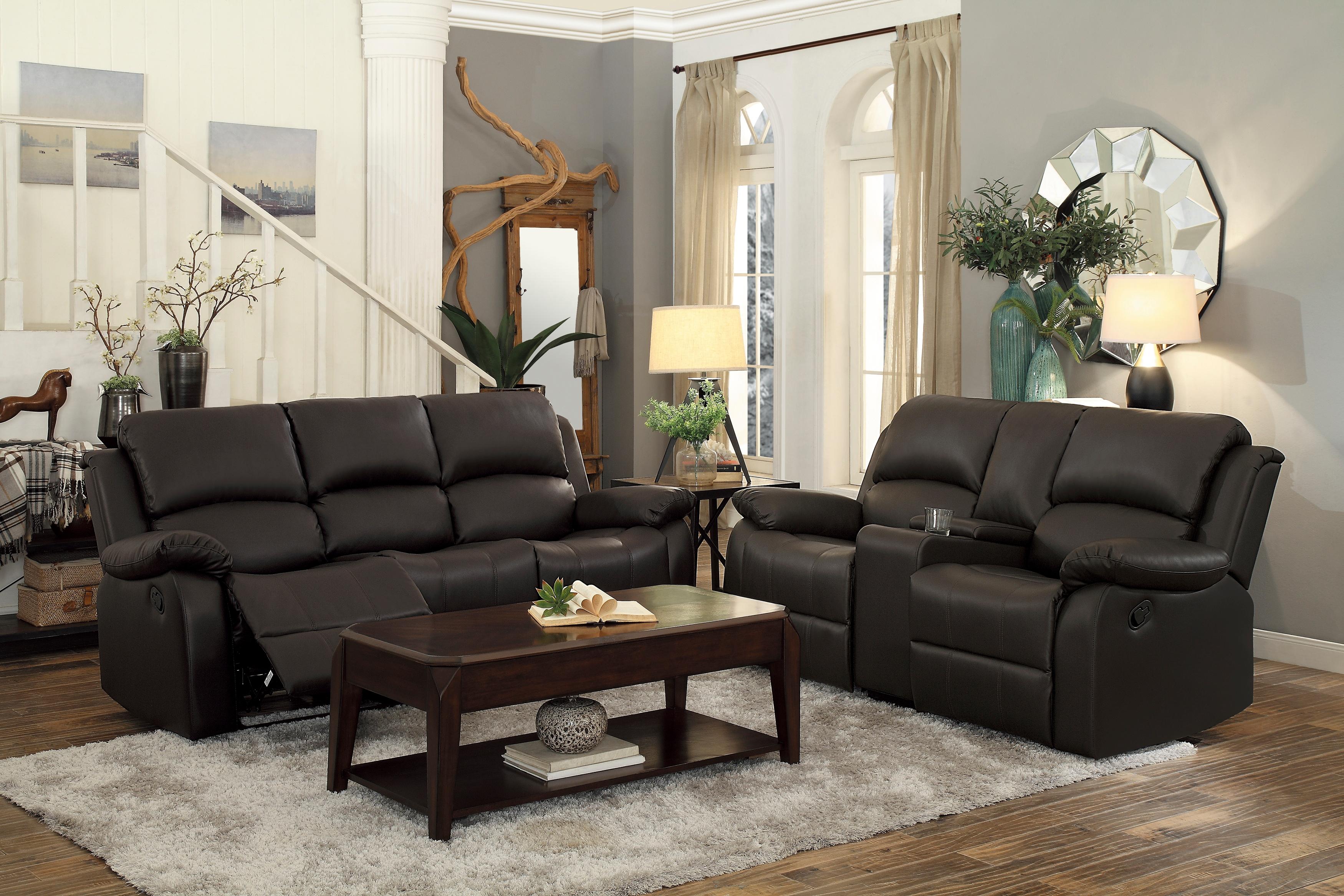 

    
Transitional Dark Brown Faux Leather Reclining Sofa Set 2pcs Homelegance 9928DBR Clarkdale
