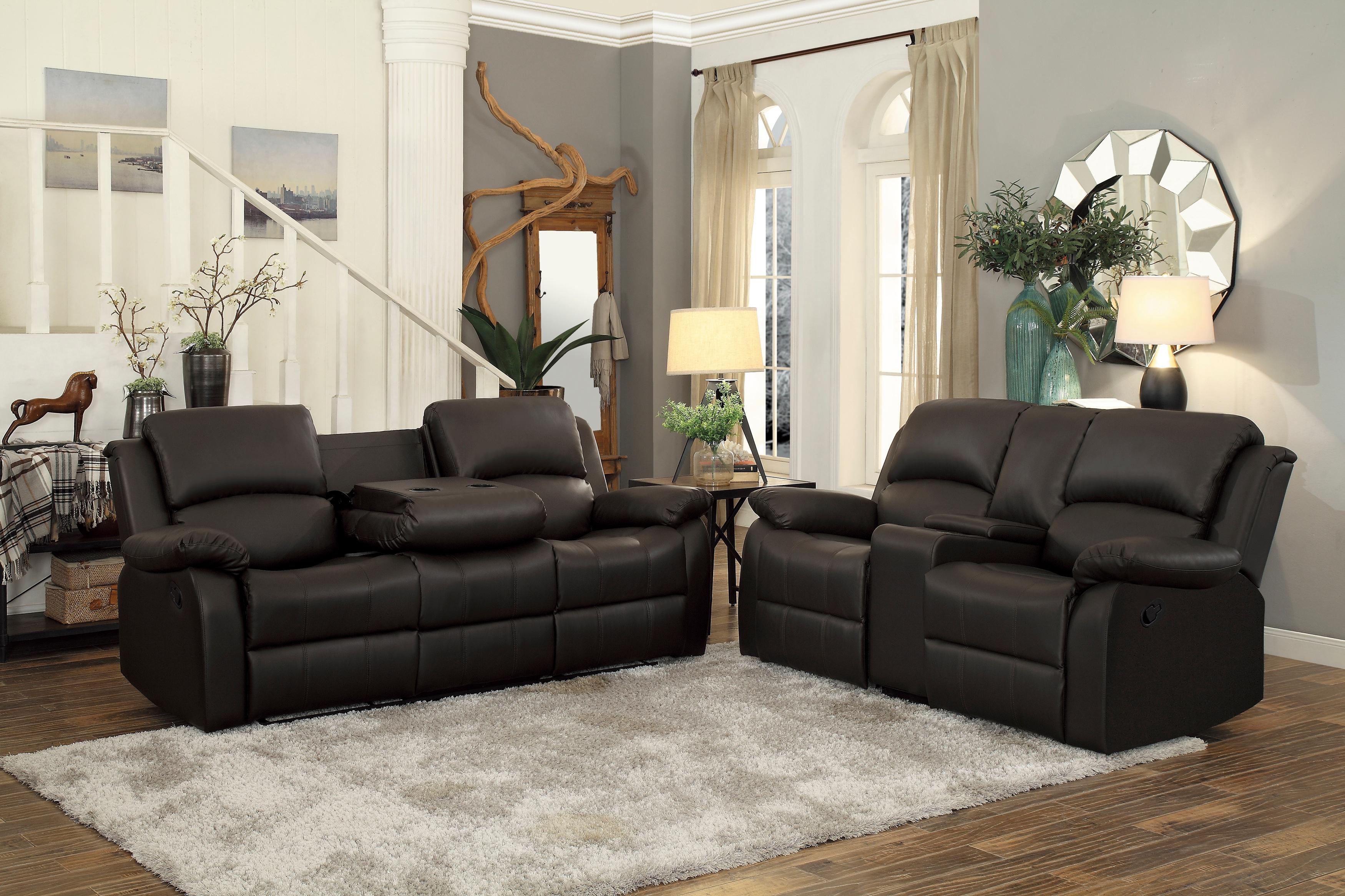 

    
Transitional Dark Brown Faux Leather Reclining Sofa Set 2pcs Homelegance 9928DBR Clarkdale
