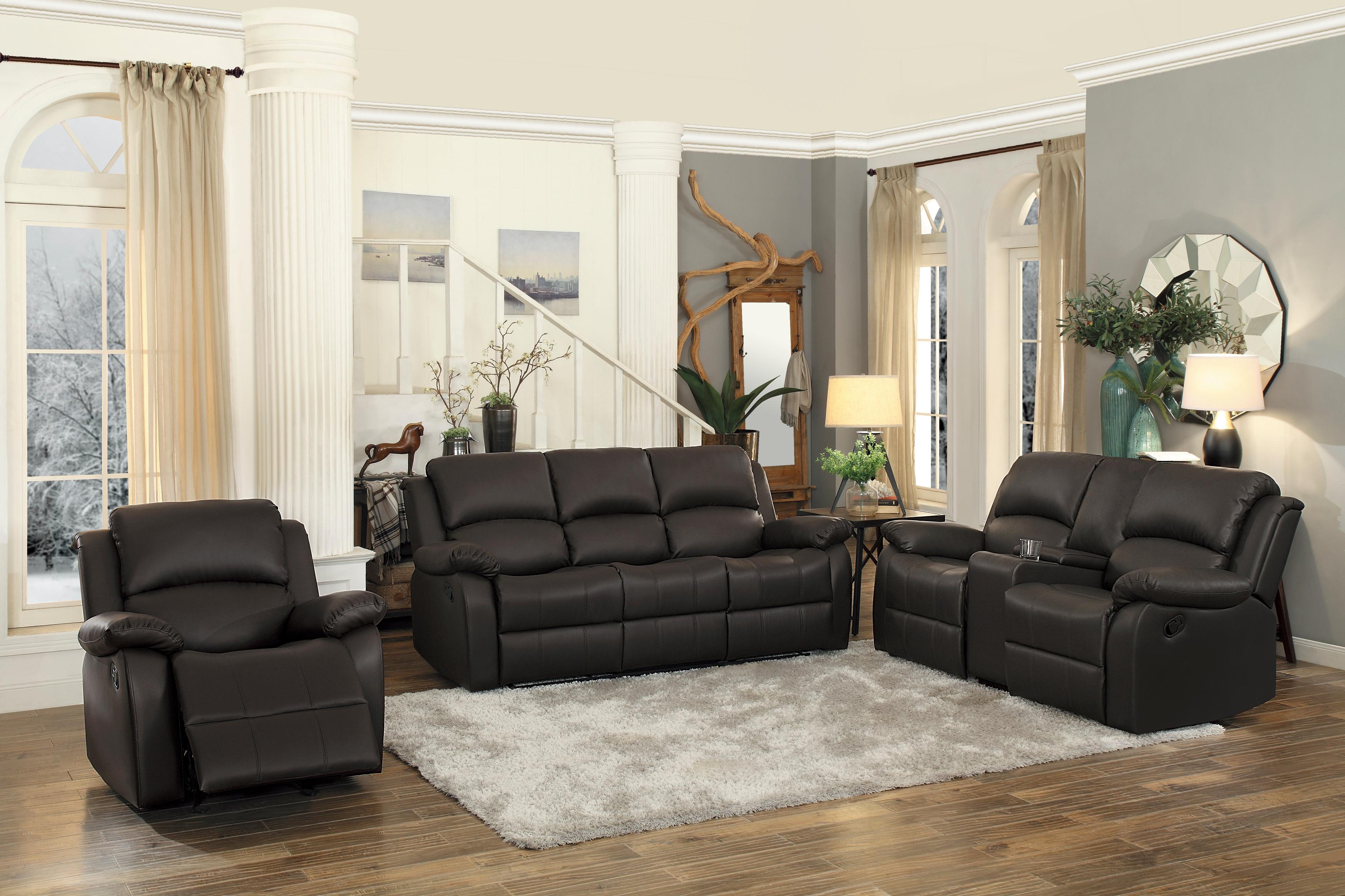 

    
Transitional Dark Brown Faux Leather Reclining Sofa Set 3pcs Homelegance 9928DBR Clarkdale
