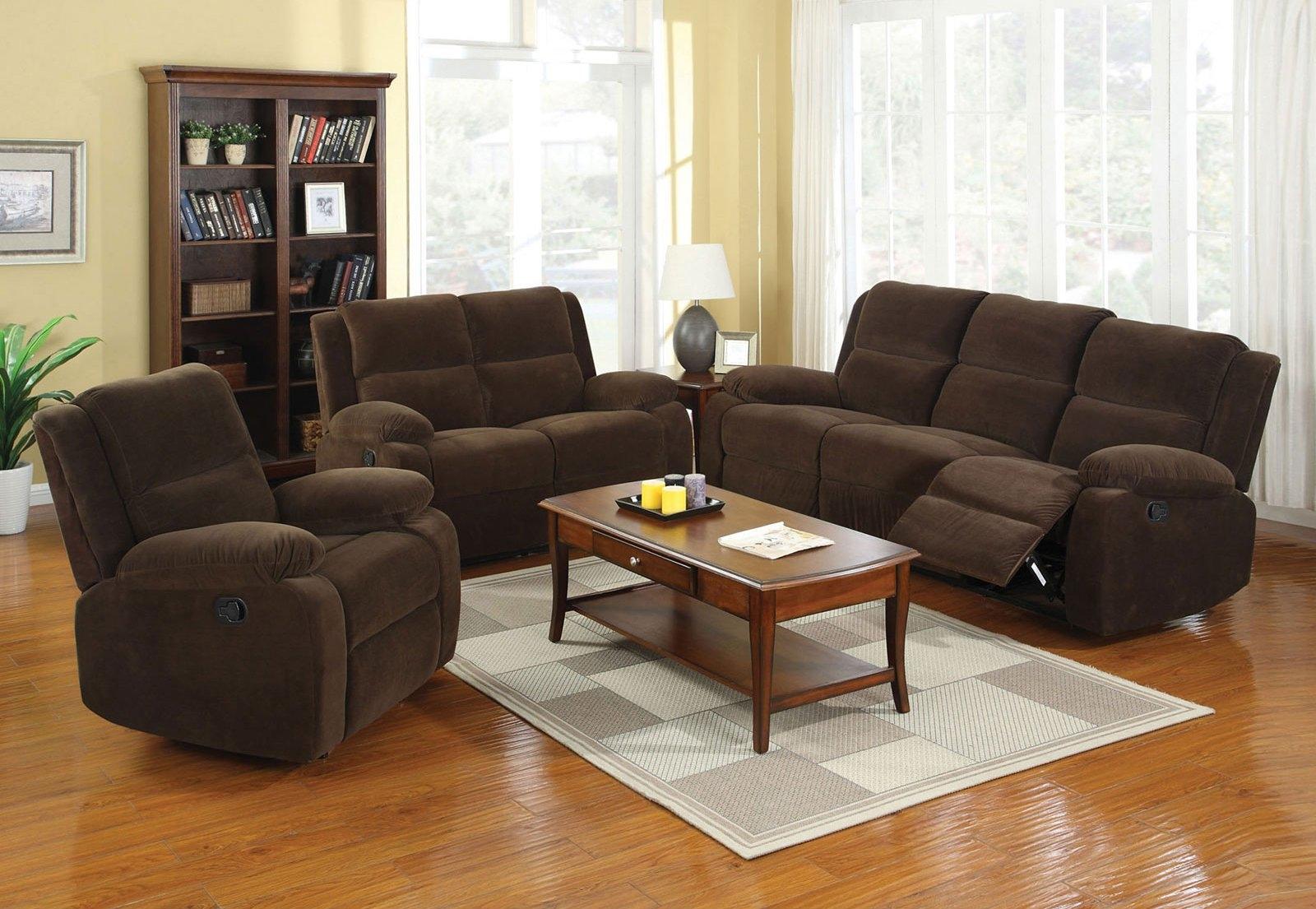 

    
Transitional Dark Brown Flannelette Recliner Living Room Set 3pcs Furniture of America Haven

