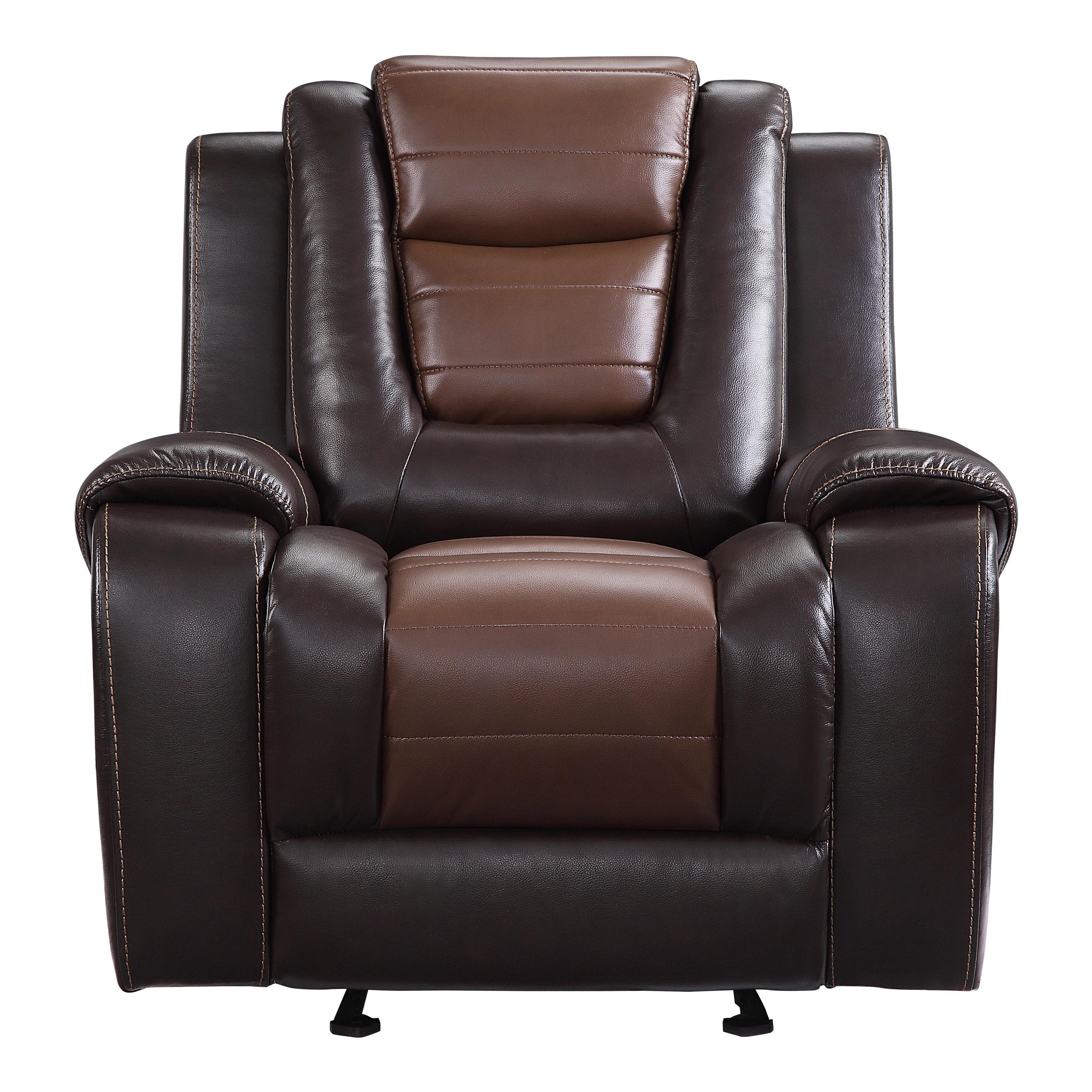 

    
 Photo  Transitional Dark Brown & Light Brown Faux Leather Reclining Set 3pcs Homelegance 9470BR Briscoe
