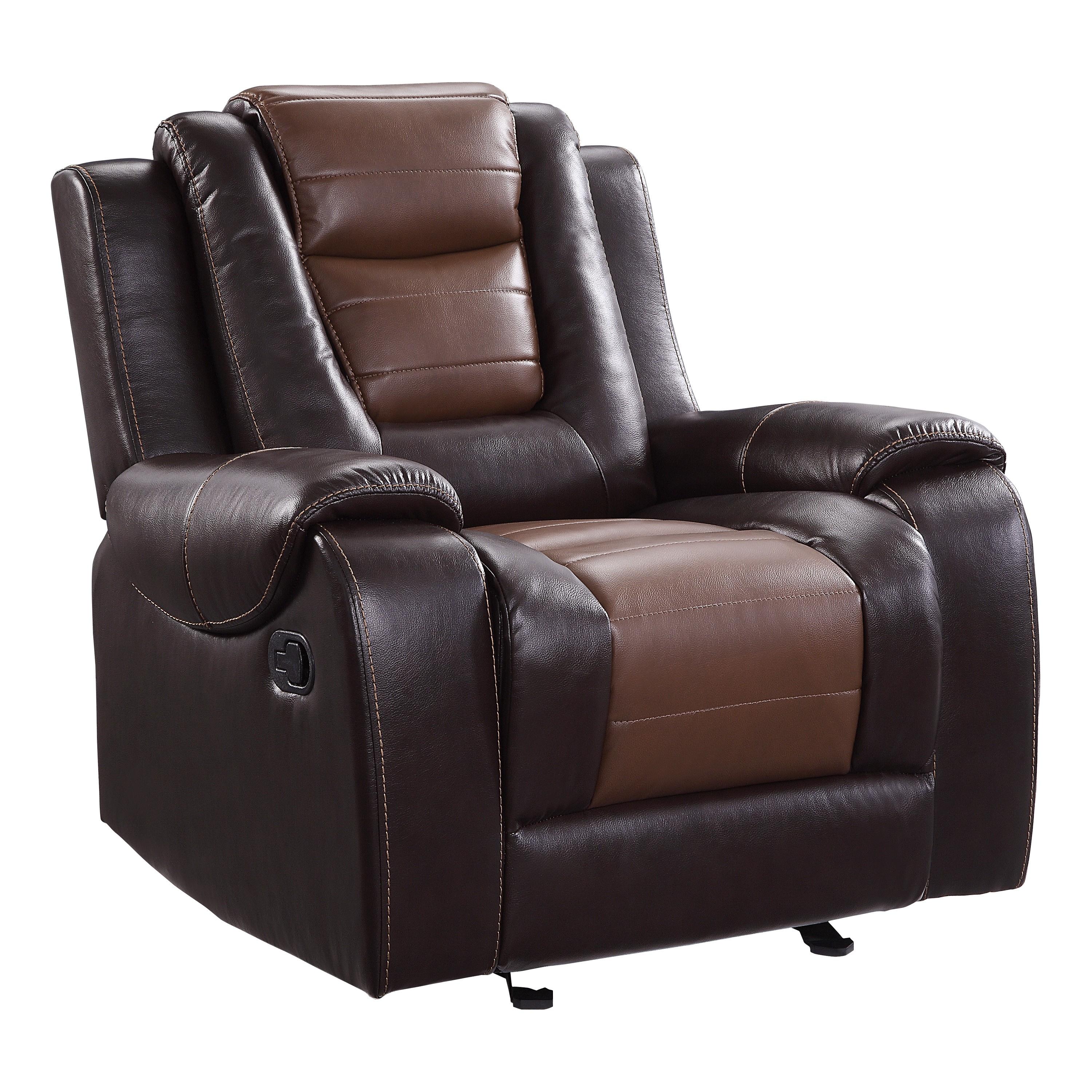 

    
Transitional Dark Brown & Light Brown Faux Leather Reclining Set 3pcs Homelegance 9470BR Briscoe
