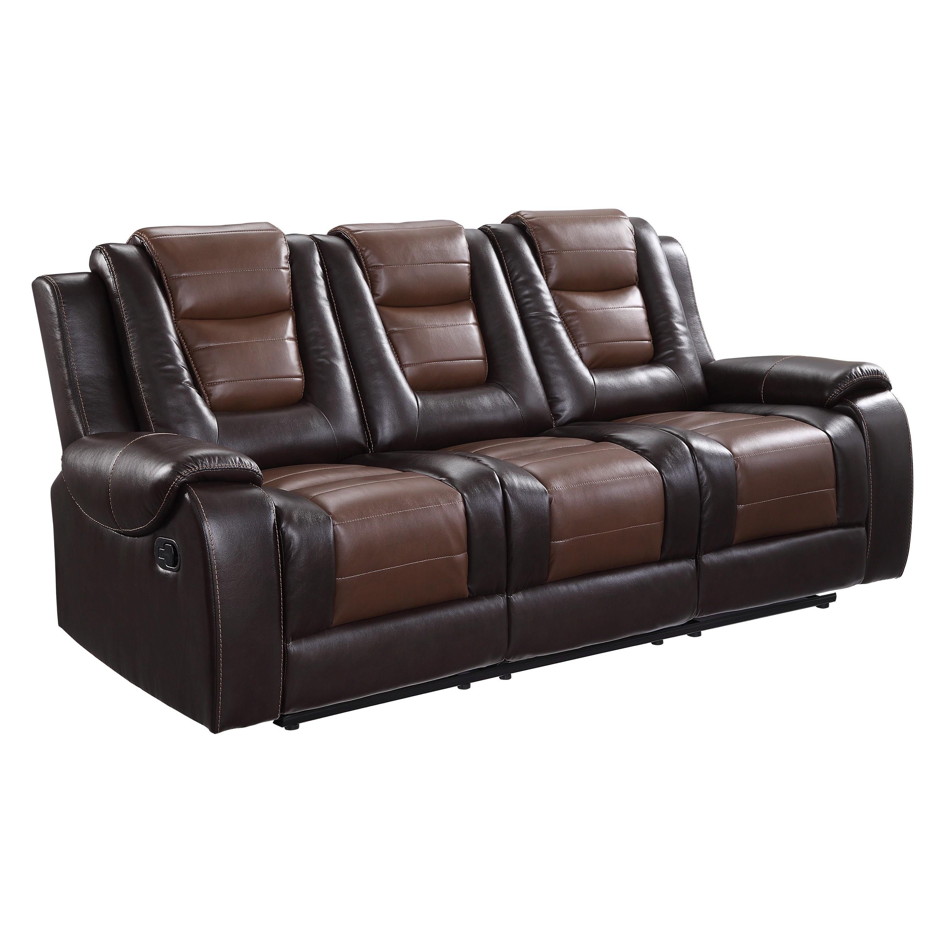 

    
Transitional Dark Brown & Light Brown Faux Leather Reclining Sofa Homelegance 9470BR-3 Briscoe
