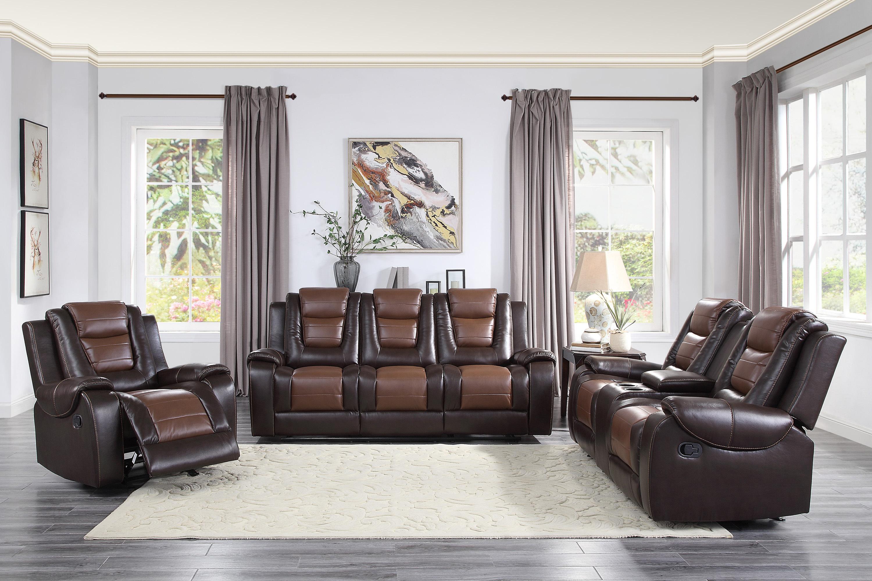 

    
9470BR-3 Transitional Dark Brown & Light Brown Faux Leather Reclining Sofa Homelegance 9470BR-3 Briscoe
