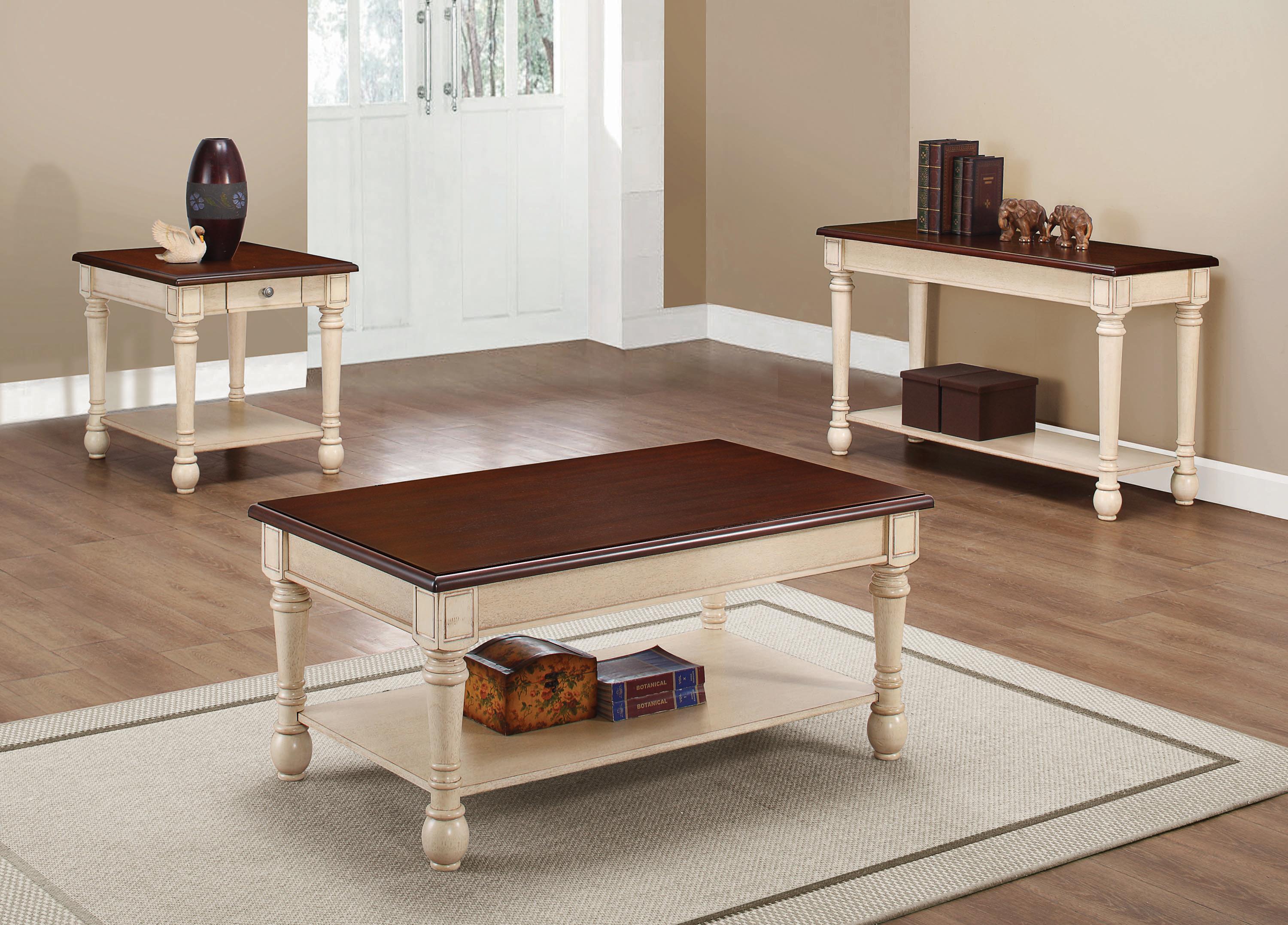 Transitional Coffee Table Set 704418-S2 704418-S2 in Dark Cherry, Antique White 