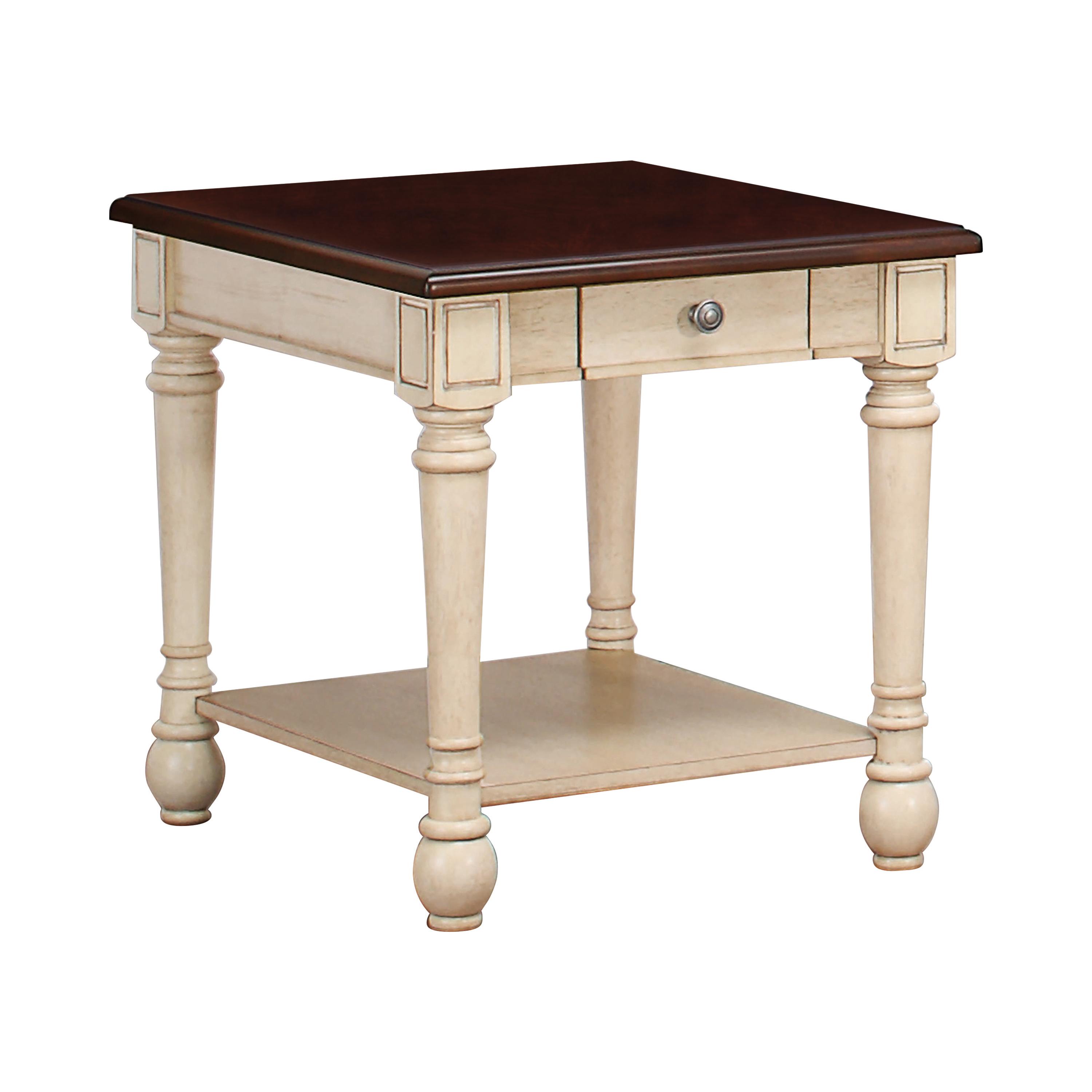 

    
Transitional Dark Cherry & Antique White Wood End Table Coaster 704417
