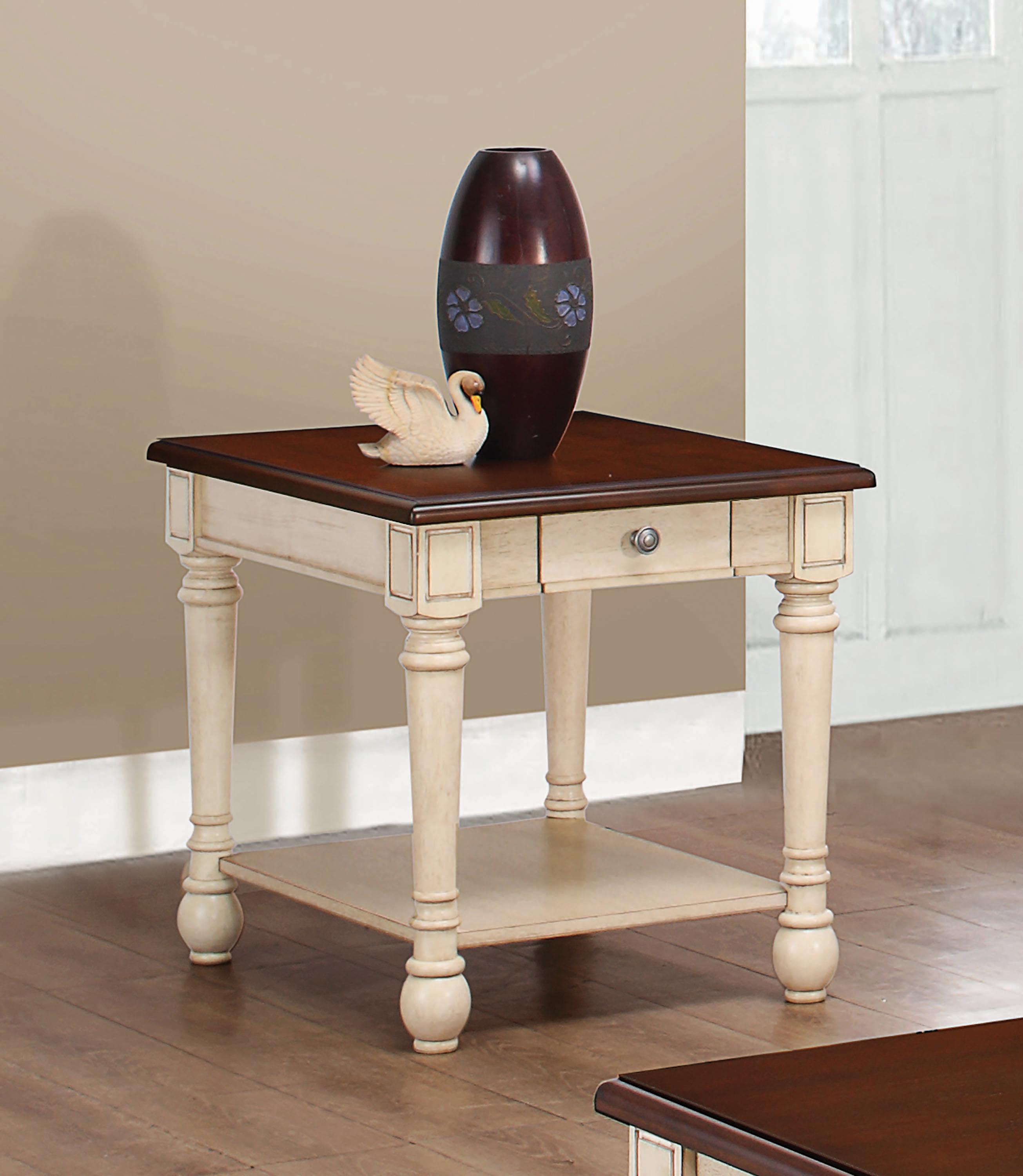 

    
Transitional Dark Cherry & Antique White Wood End Table Coaster 704417

