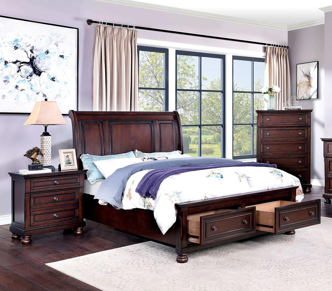 

    
Transitional Dark Cherry Solid Wood CAL Bedroom Set 3pcs Furniture of America CM7548CH-DR Wells
