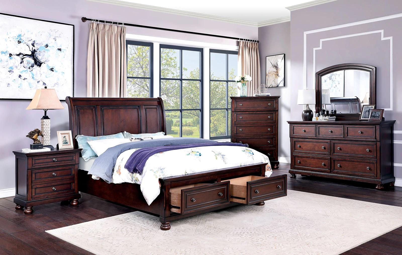 

    
Transitional Dark Cherry Solid Wood CAL Bedroom Set 5pcs Furniture of America CM7548CH-DR Wells
