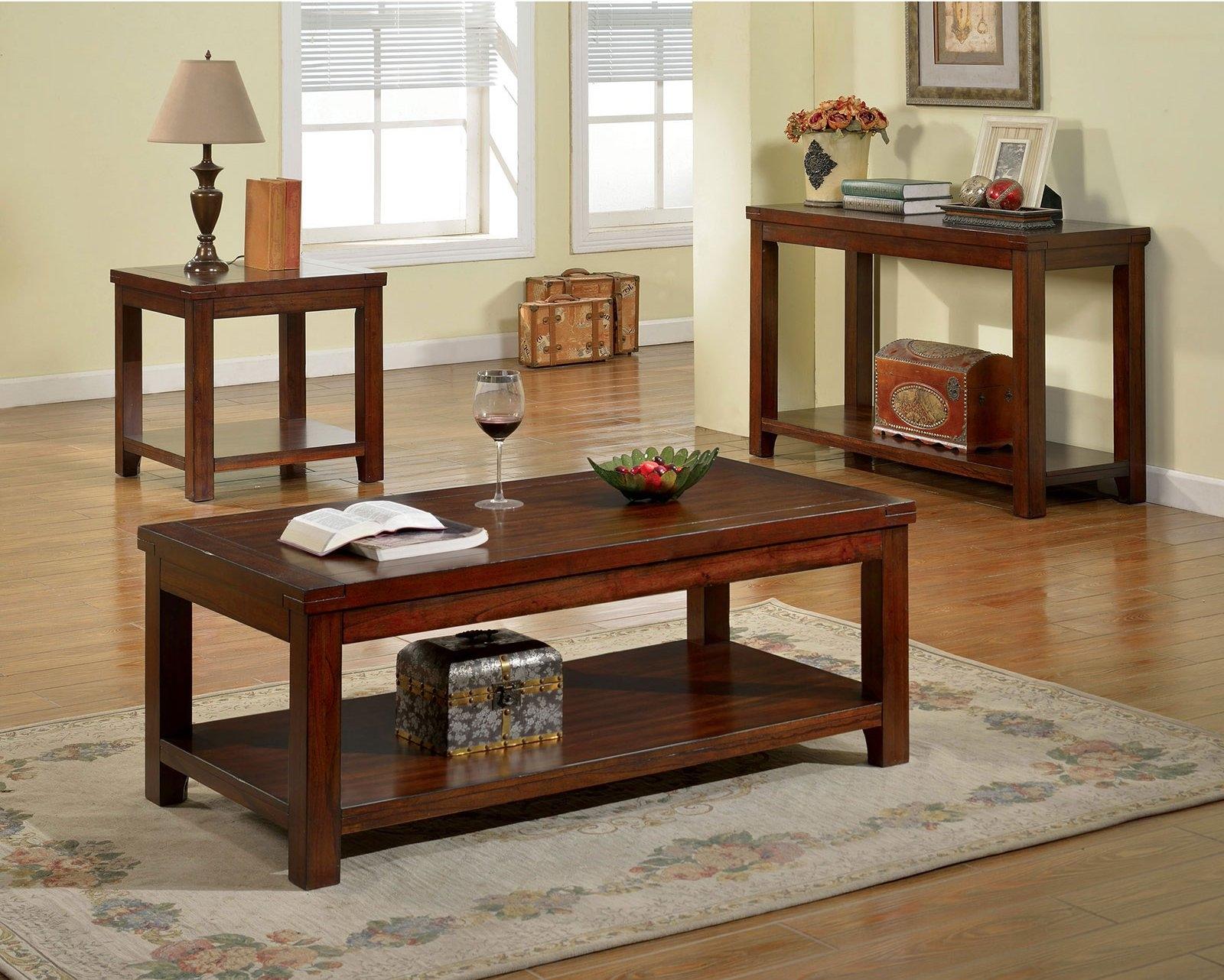 

    
Transitional Dark Cherry Solid Wood Coffee Table Set 3pcs Furniture of America Estell
