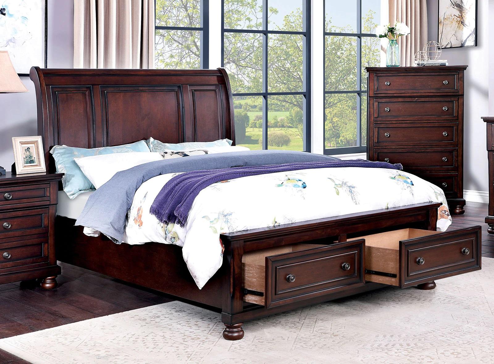 

    
Transitional Dark Cherry Solid Wood Queen Bedroom Set 5pcs Furniture of America CM7548CH-DR Wells
