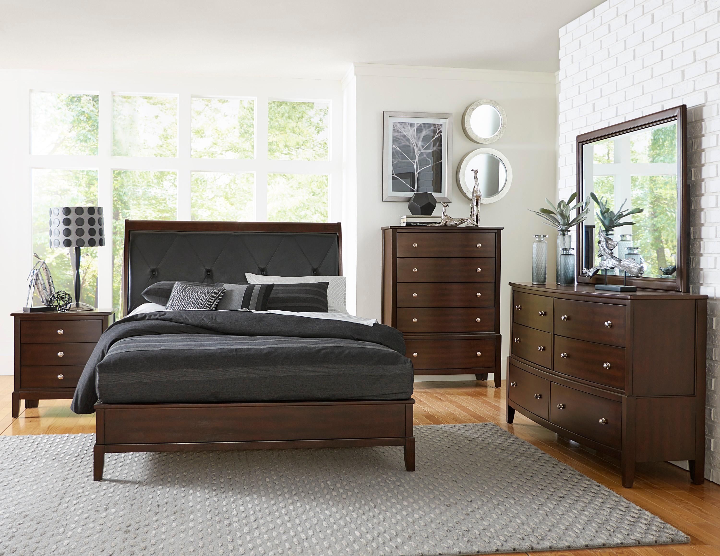 Transitional Bedroom Set 1730K-1CK-5PC Cotterill 1730K-1CK-5PC in Dark Cherry Faux Leather