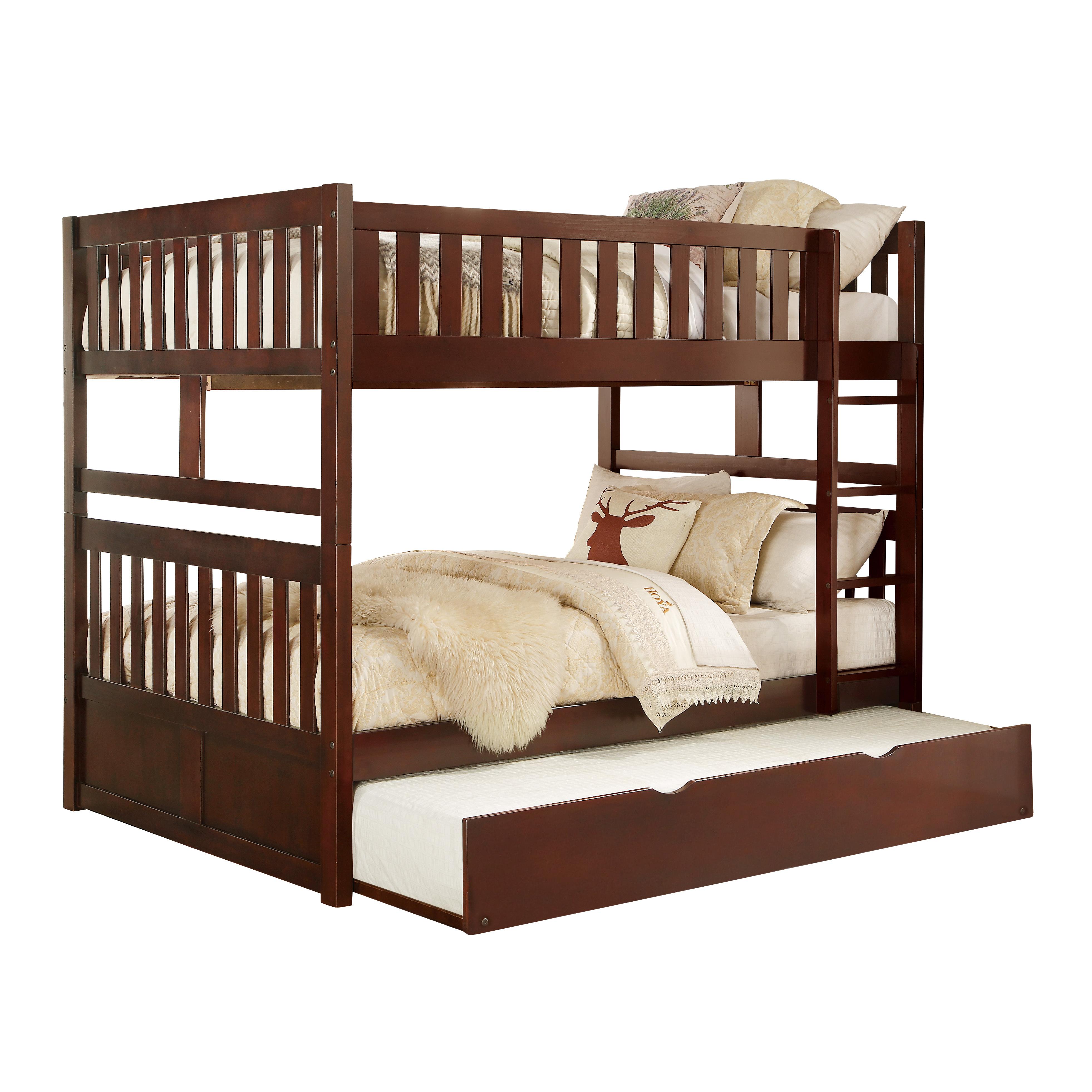 

    
Transitional Dark Cherry Wood Full/Full Bunk Bed w/Twin Trundle Homelegance B2013FFDC-1*R Rowe
