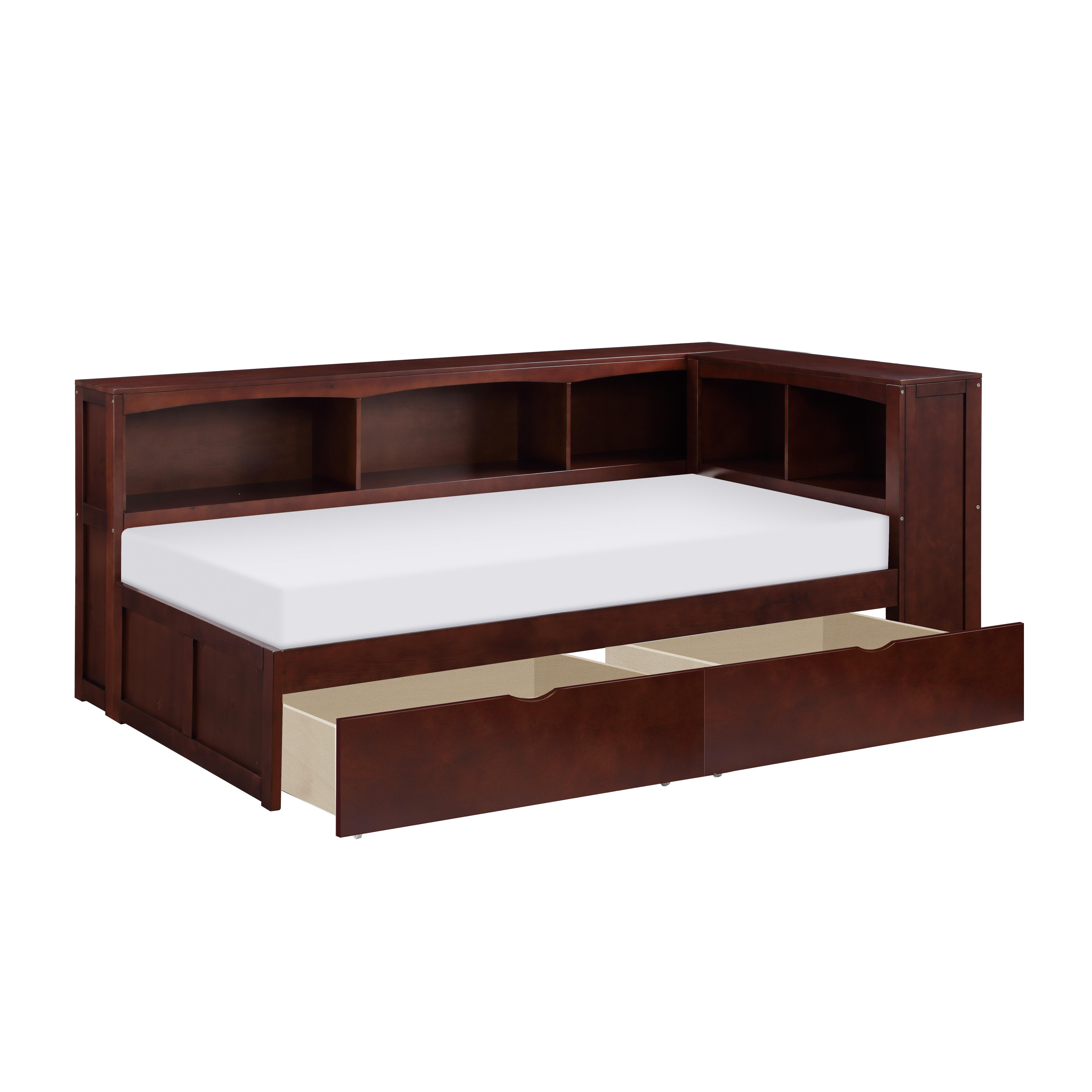 

    
Transitional Dark Cherry Wood Twin Bookcase Corner Bed w/Storage Boxes Homelegance B2013BCDC-1BCT* Rowe

