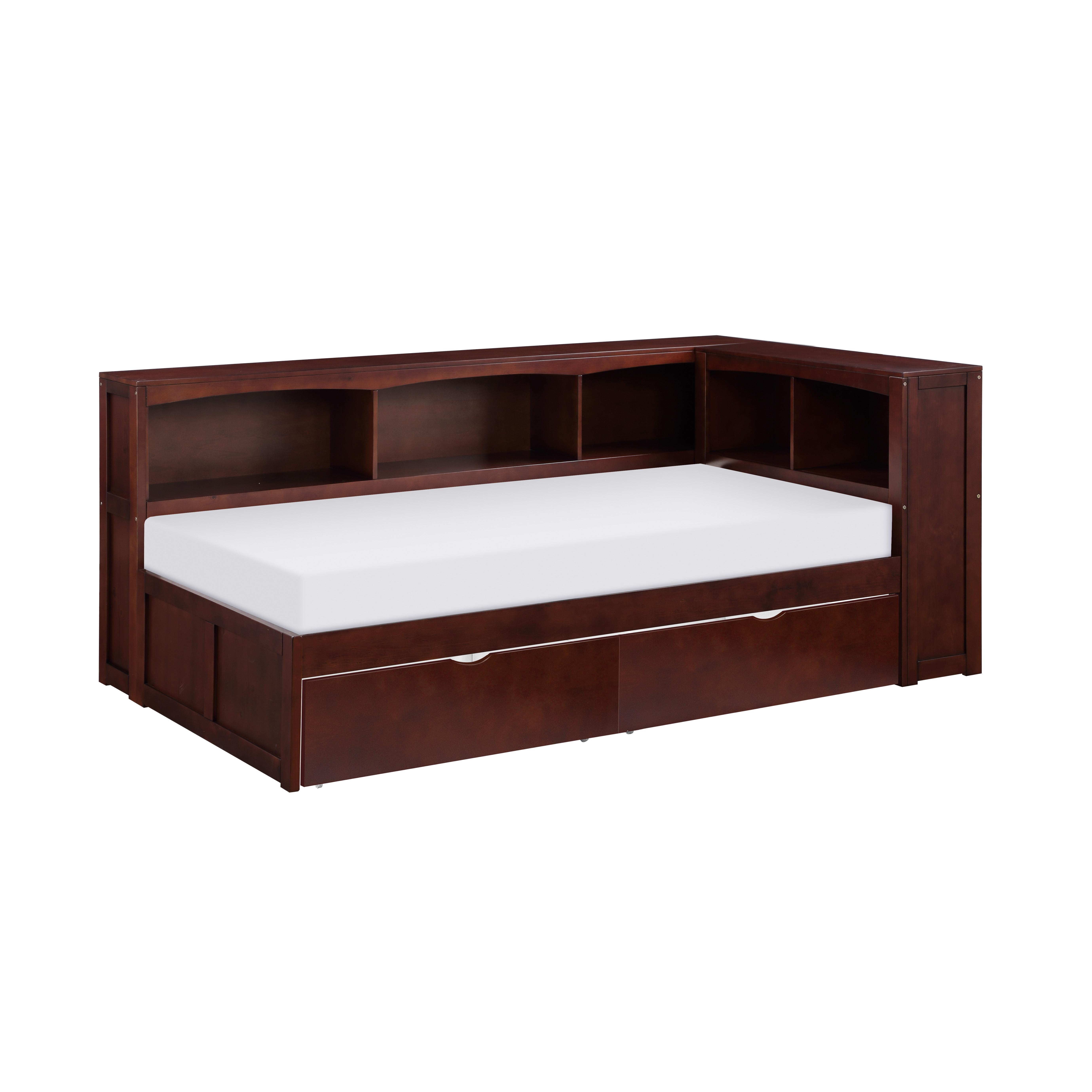 

    
Transitional Dark Cherry Wood Twin Bookcase Corner Bed w/Storage Boxes Homelegance B2013BCDC-1BCT* Rowe
