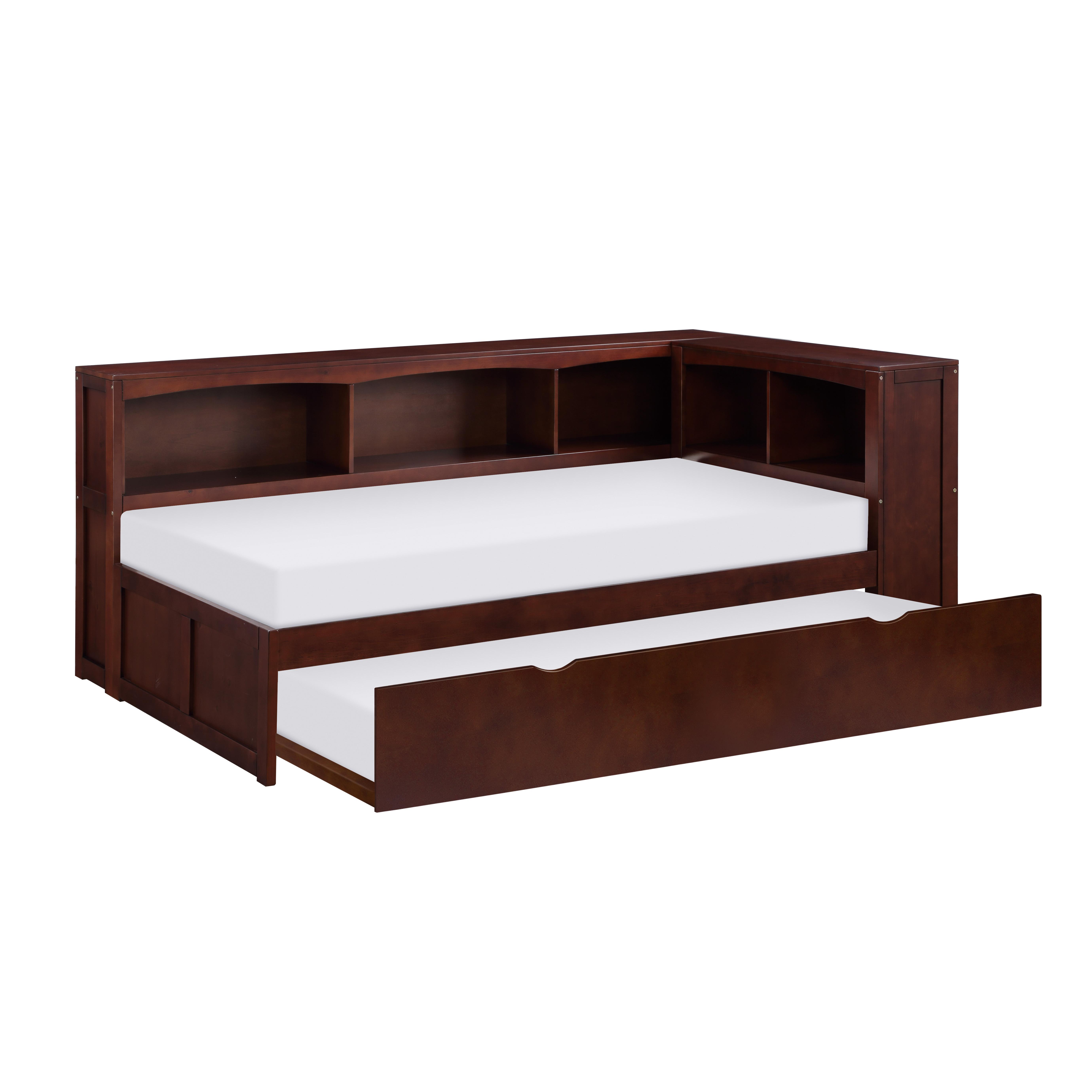 

    
Transitional Dark Cherry Wood Twin Bookcase Corner Bed w/Trundle Homelegance B2013BCDC-1BCR* Rowe
