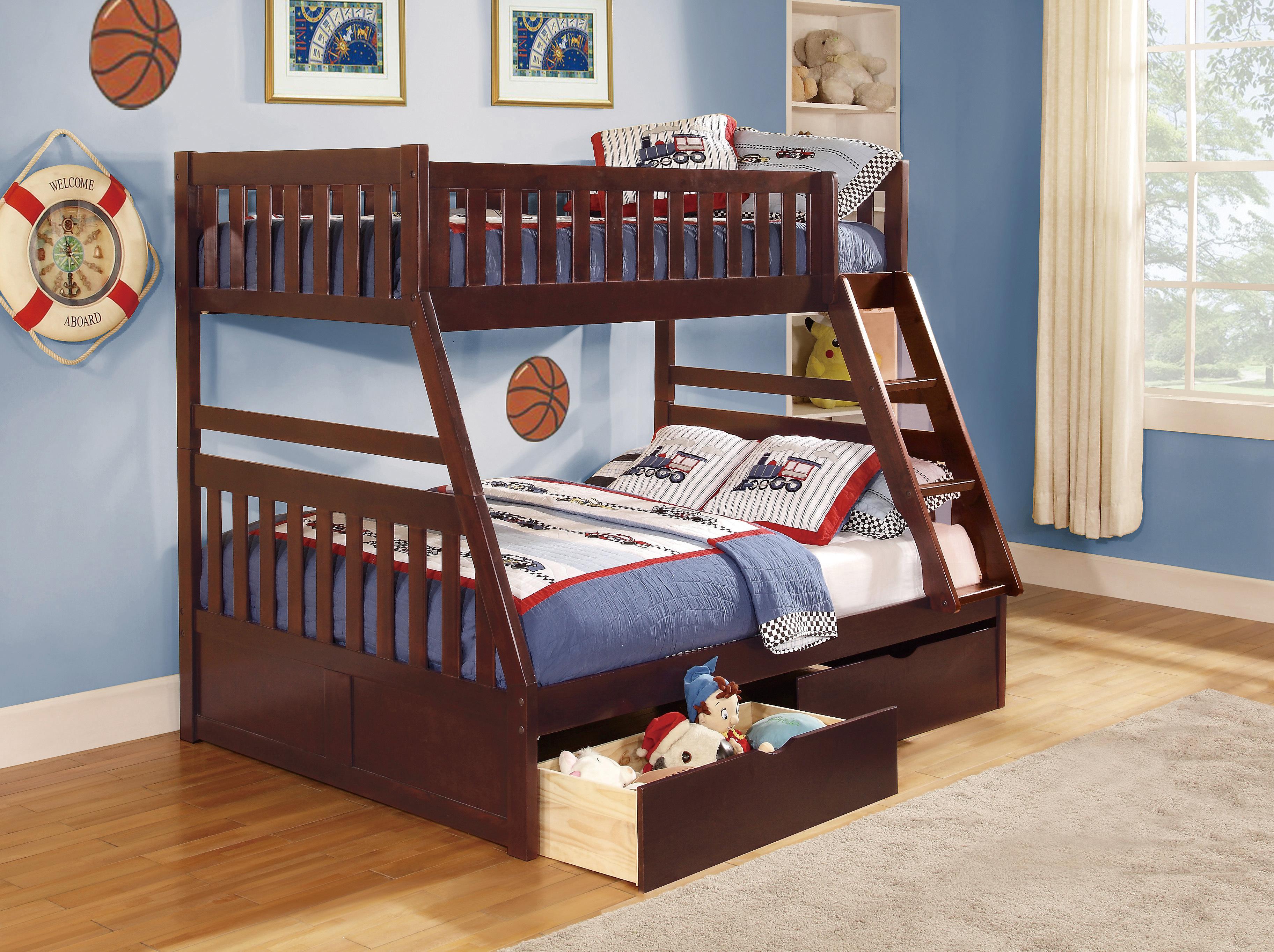 

    
Transitional Dark Cherry Wood Twin/Full Bunk Bed w/Storage Boxes Homelegance B2013TFDC-1*T Rowe
