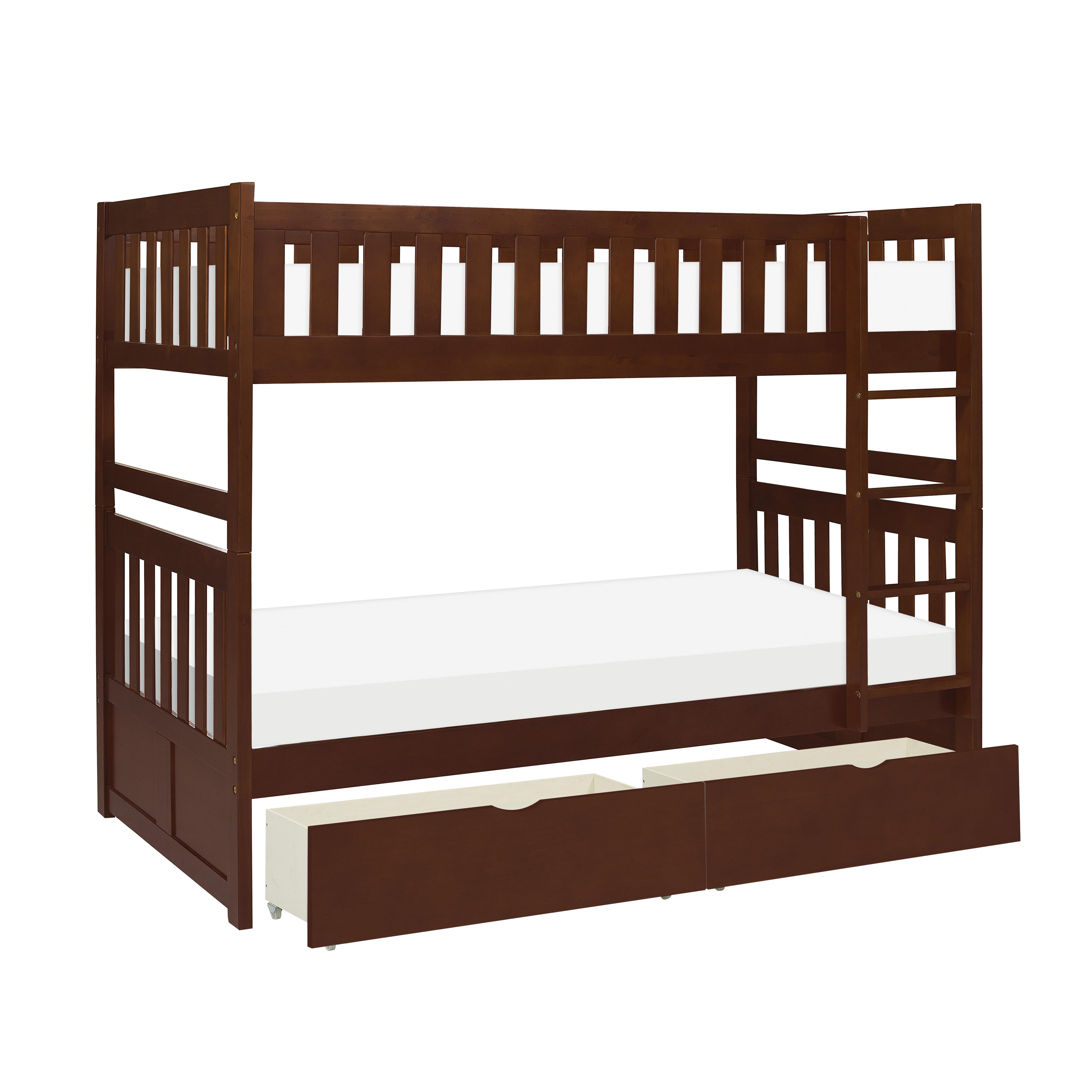 

    
Transitional Dark Cherry Wood Twin/Twin Bunk Bed w/Storage Boxes Homelegance B2013DC-1*T Rowe

