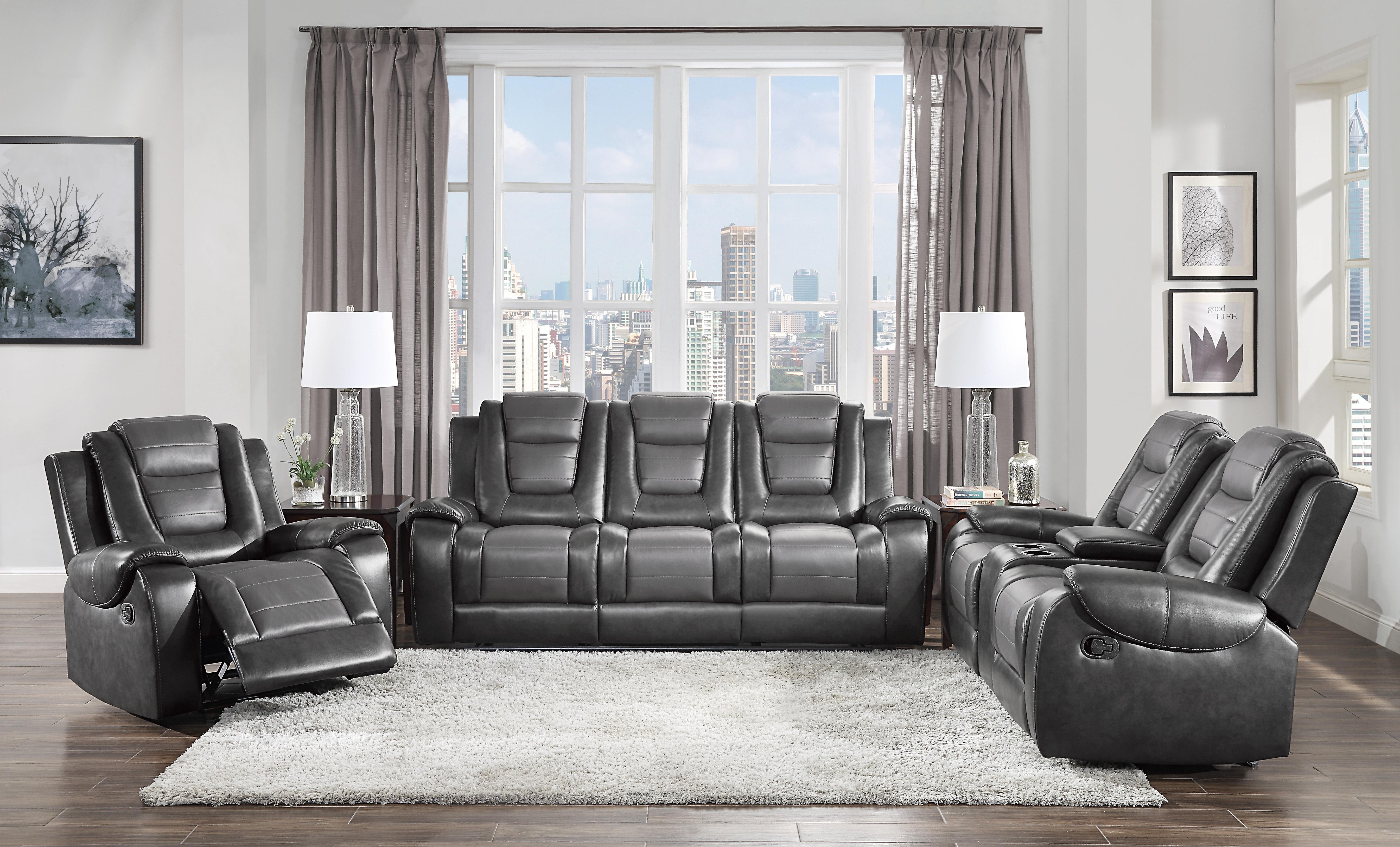 

    
Transitional Dark Gray & Light Gray Faux Leather Reclining Set 3pcs Homelegance 9470GY Briscoe
