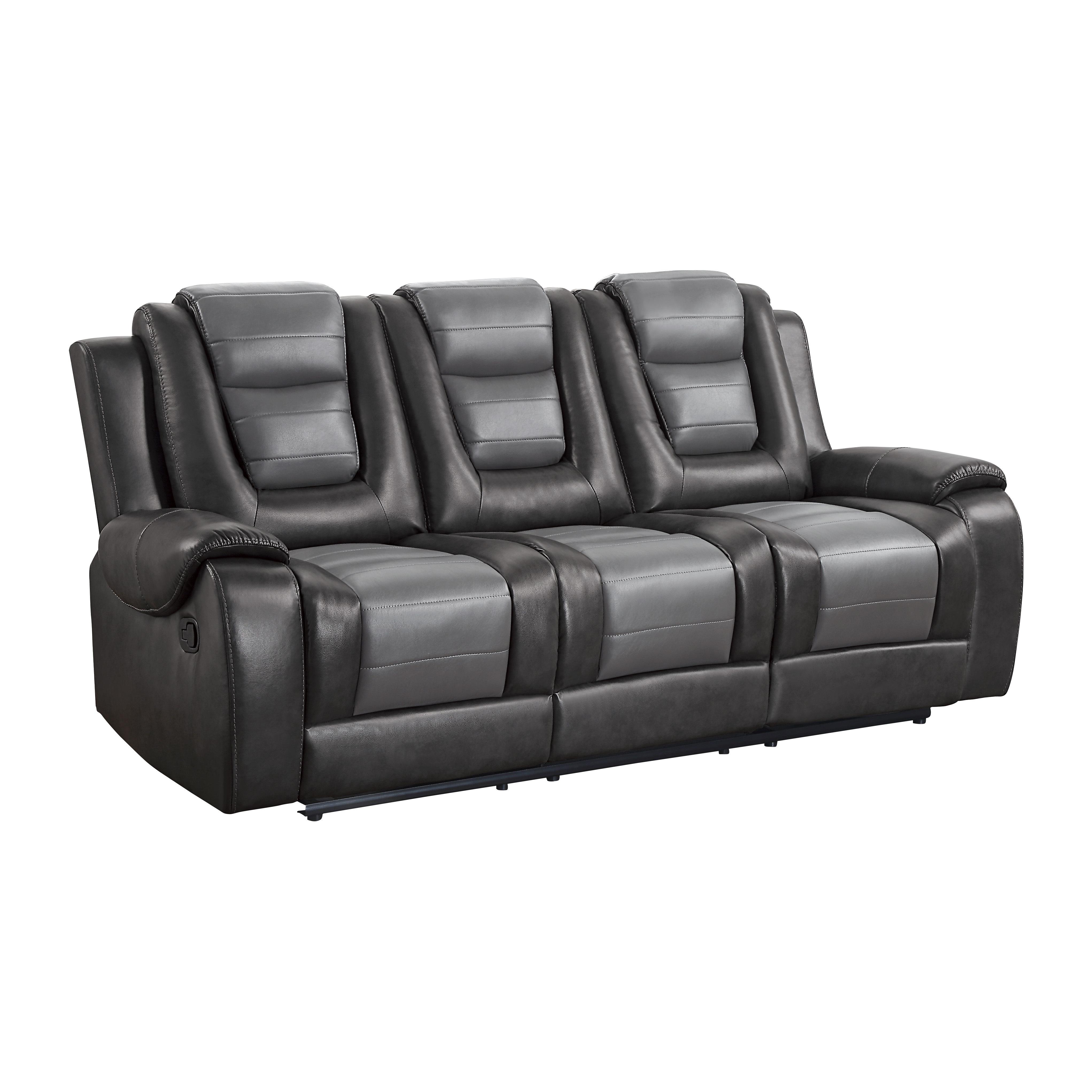 

    
Transitional Dark Gray & Light Gray Faux Leather Reclining Sofa Homelegance 9470GY-3 Briscoe
