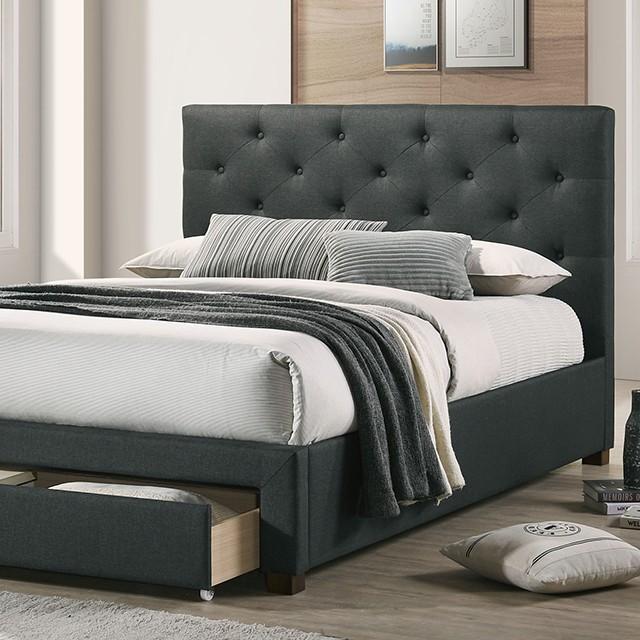 

    
Transitional Dark Gray Linen-like Fabric CAL Bed Furniture of America CM7218DG Sybella

