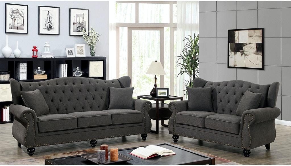 

    
Transitional Dark Gray Linen Sofa and Loveseat Furniture of America Ewloe
