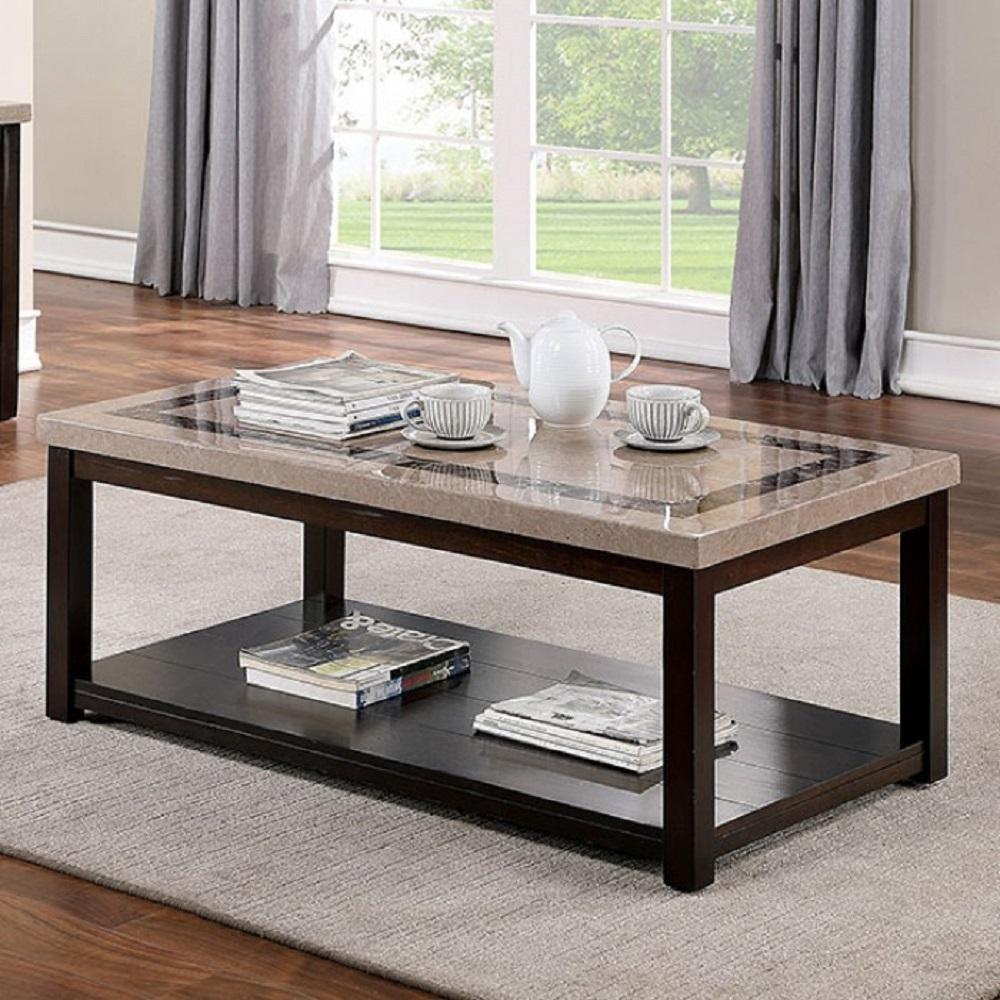 

    
Transitional Dark Walnut Faux Marble Top Coffee Table Set 3pcs Furniture of America Rosetta
