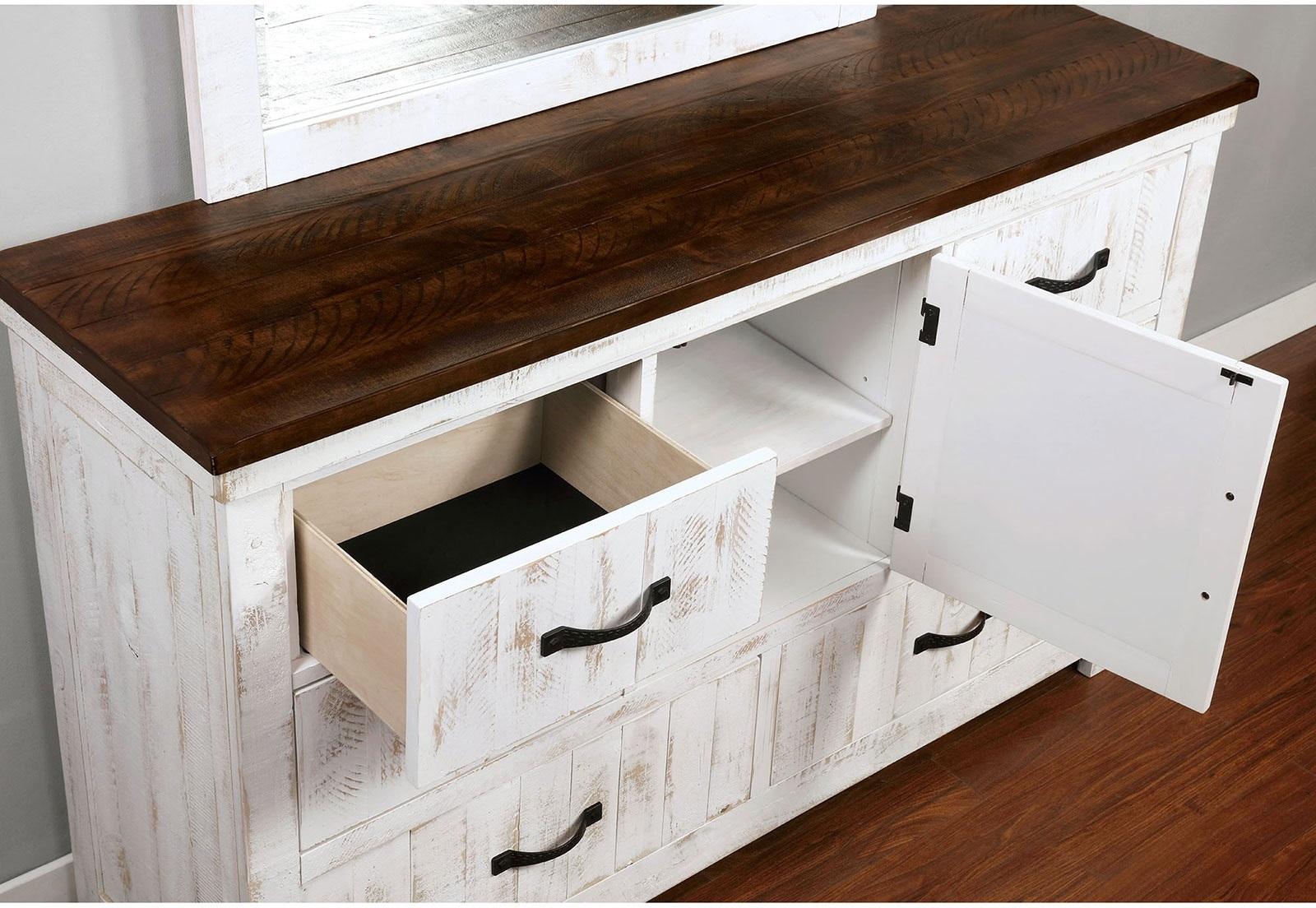 

    
Transitional Distressed White & Walnut Solid Wood Dresser w/Mirror Furniture of America CM7962D*M Alyson
