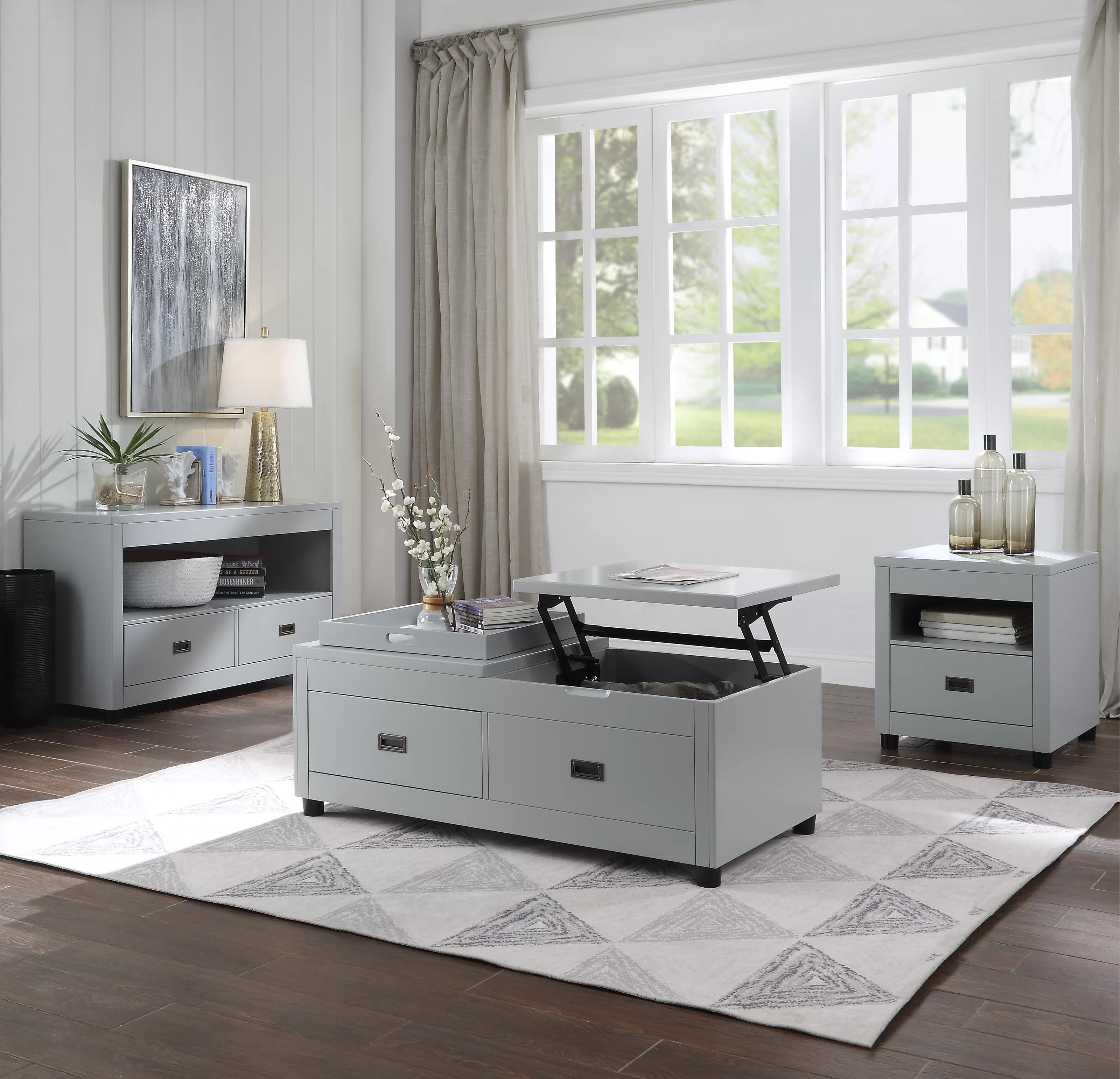 

    
Transitional Dove Gray Coffee Table + End Table + Sofa Tables by Acme Eleanor 87105-3pcs
