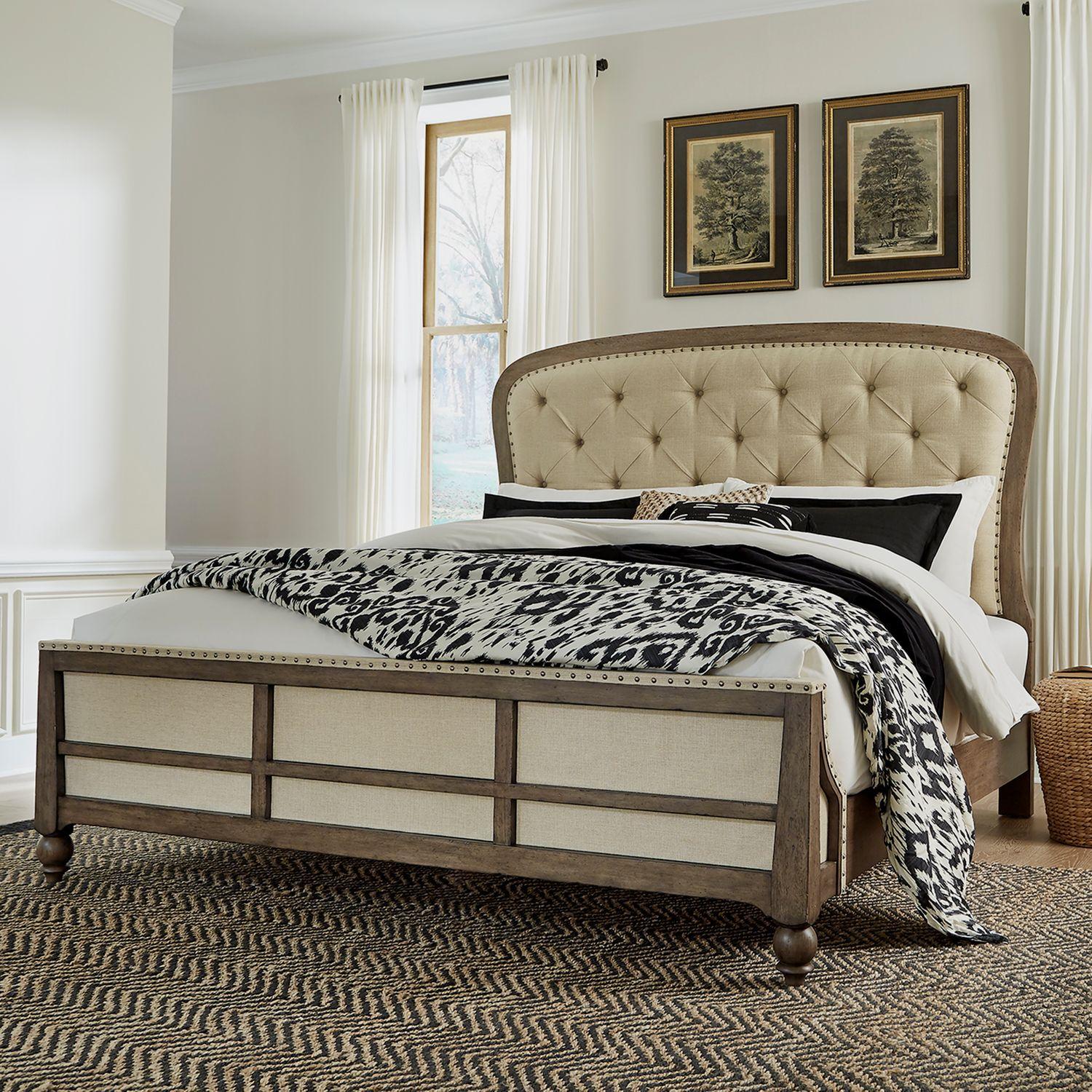 Transitional Upholstered Bed Americana Farmhouse (615-BR) 615-BR-KSH in Taupe, Black Linen