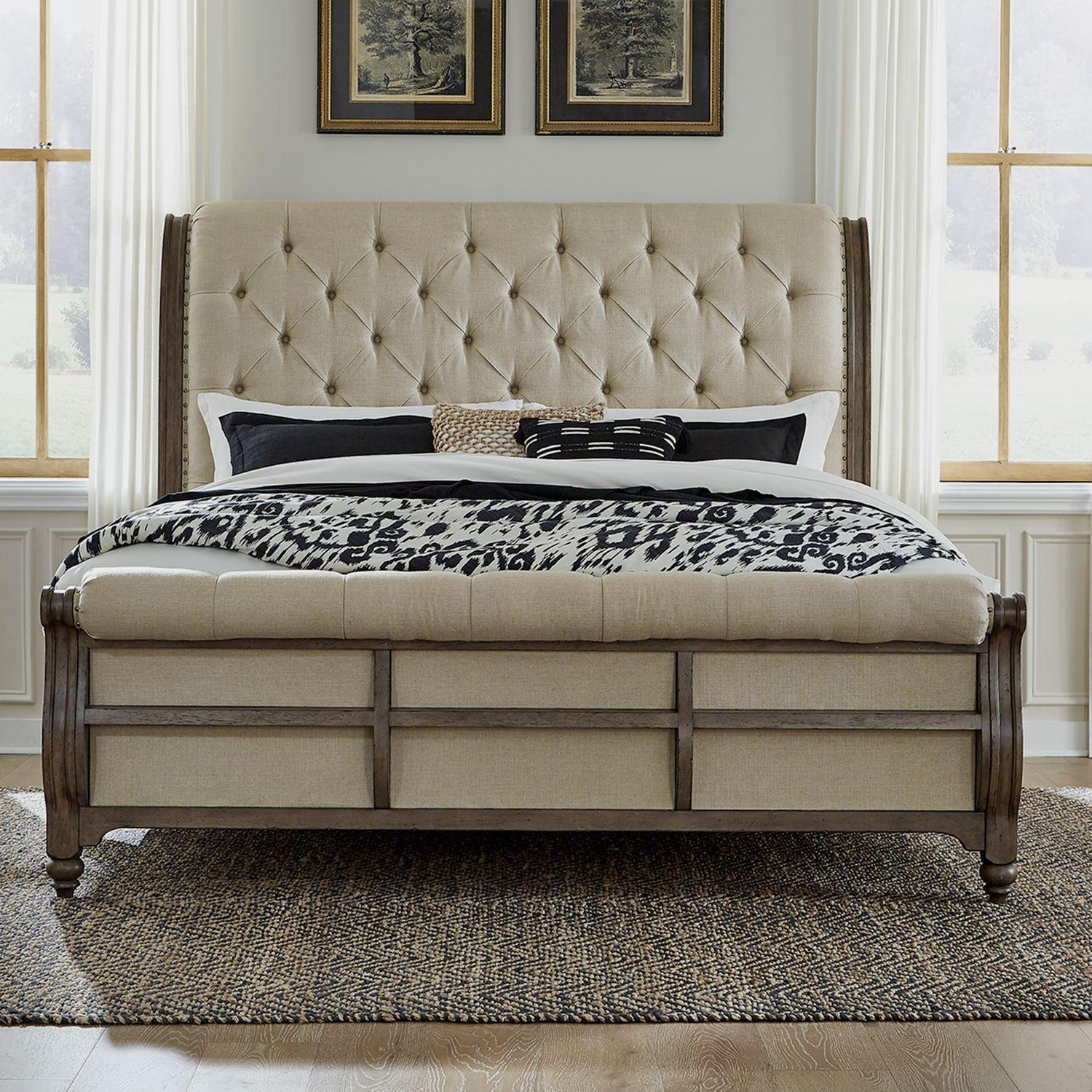 Transitional Sleigh Bed Americana Farmhouse (615-BR) 615-BR-QSL in Taupe, Black Linen