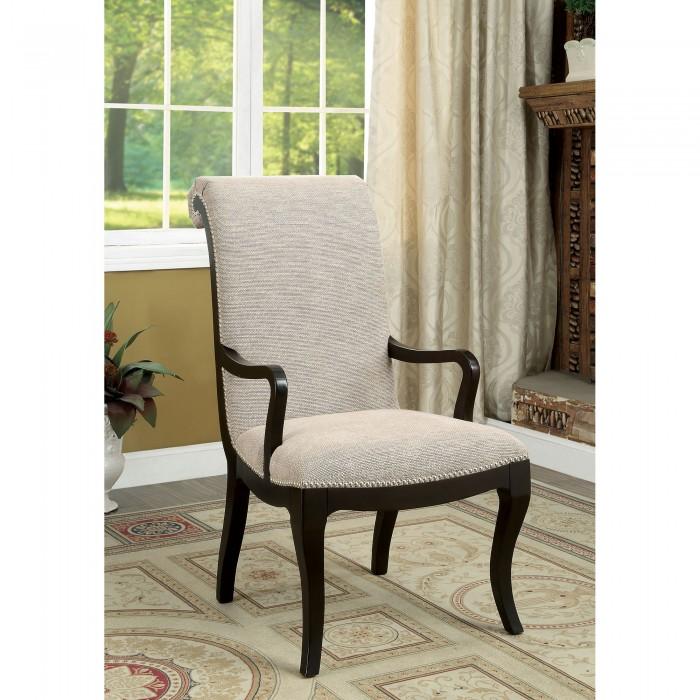 

    
Transitional Espresso & Beige Solid Wood Arm Chairs Set 2pcs Furniture of America CM3353AC-2PK Ornette
