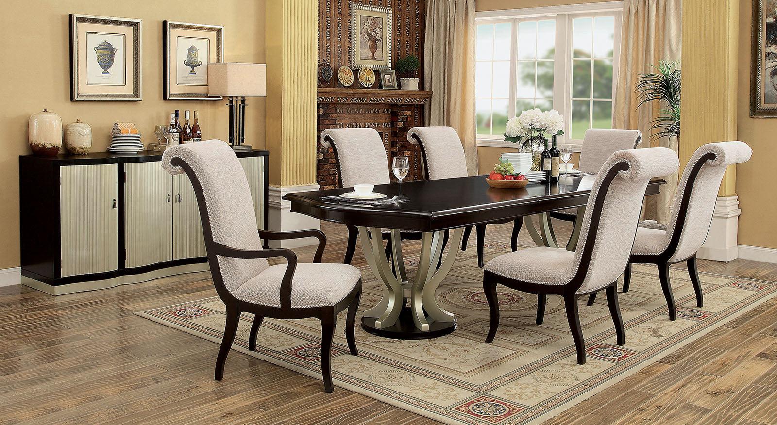 

    
Transitional Espresso & Beige Solid Wood Dining Room Set 7pcs Furniture of America Ornette
