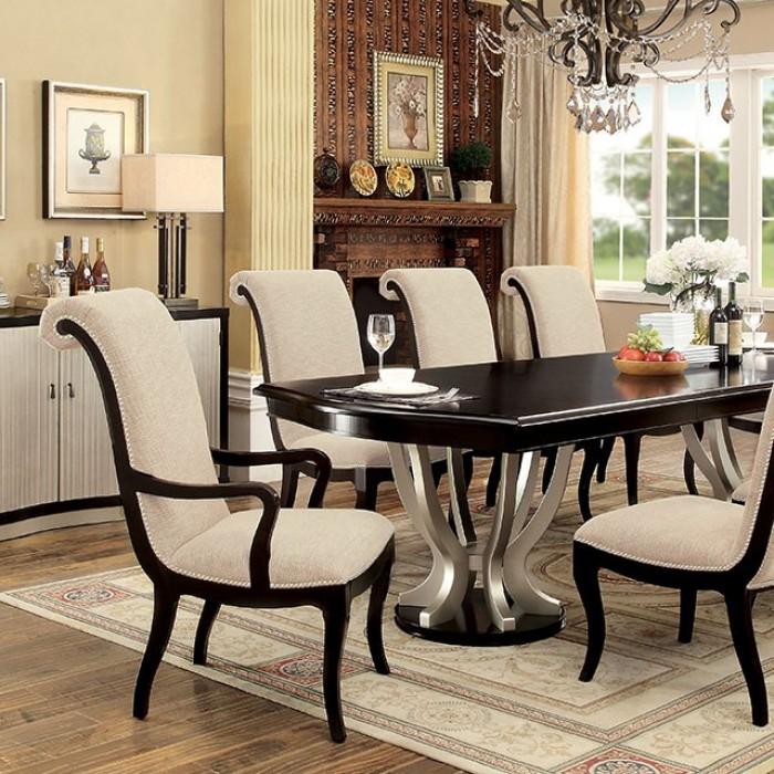

    
Transitional Espresso & Beige Solid Wood Dining Room Set 9pcs Furniture of America Ornette
