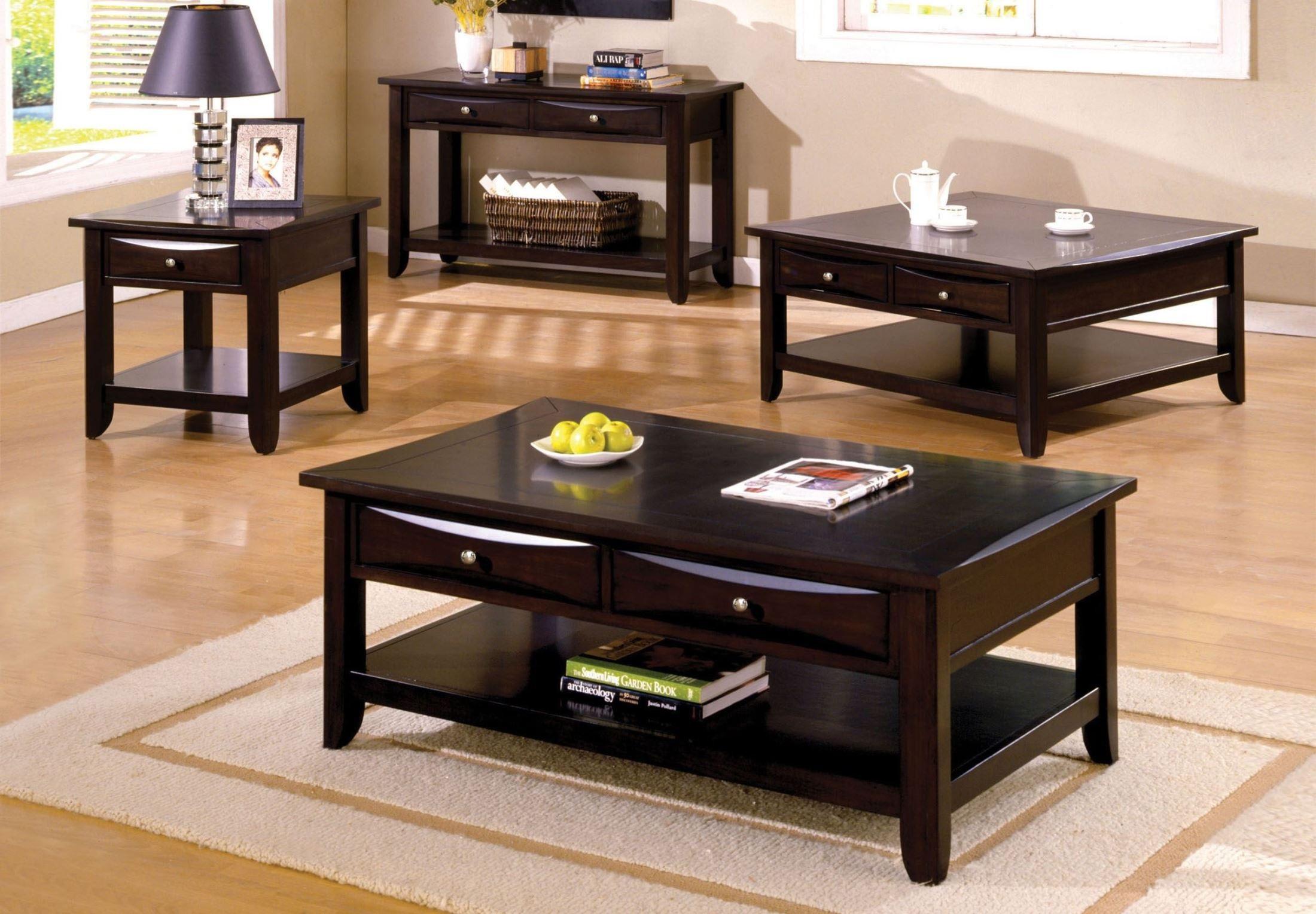 

    
Transitional Espresso Solid Wood Coffee Table Set 3pcs w/Sofa Table Furniture of America Baldwin

