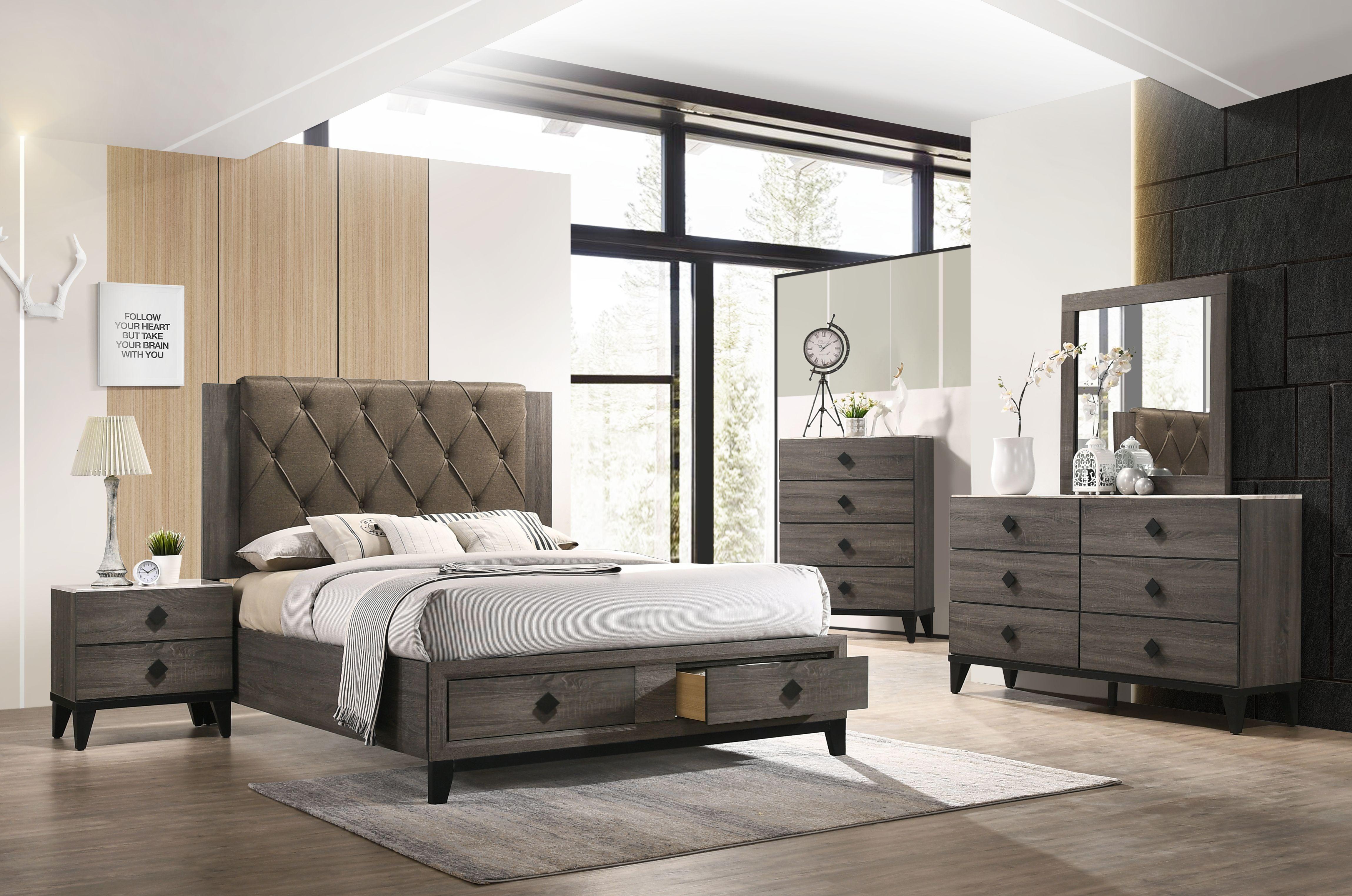 Transitional Storage Bedroom Set Avantika-27667EK-S 27667EK-S-5pcs in Brown Oak and Grey Fabric