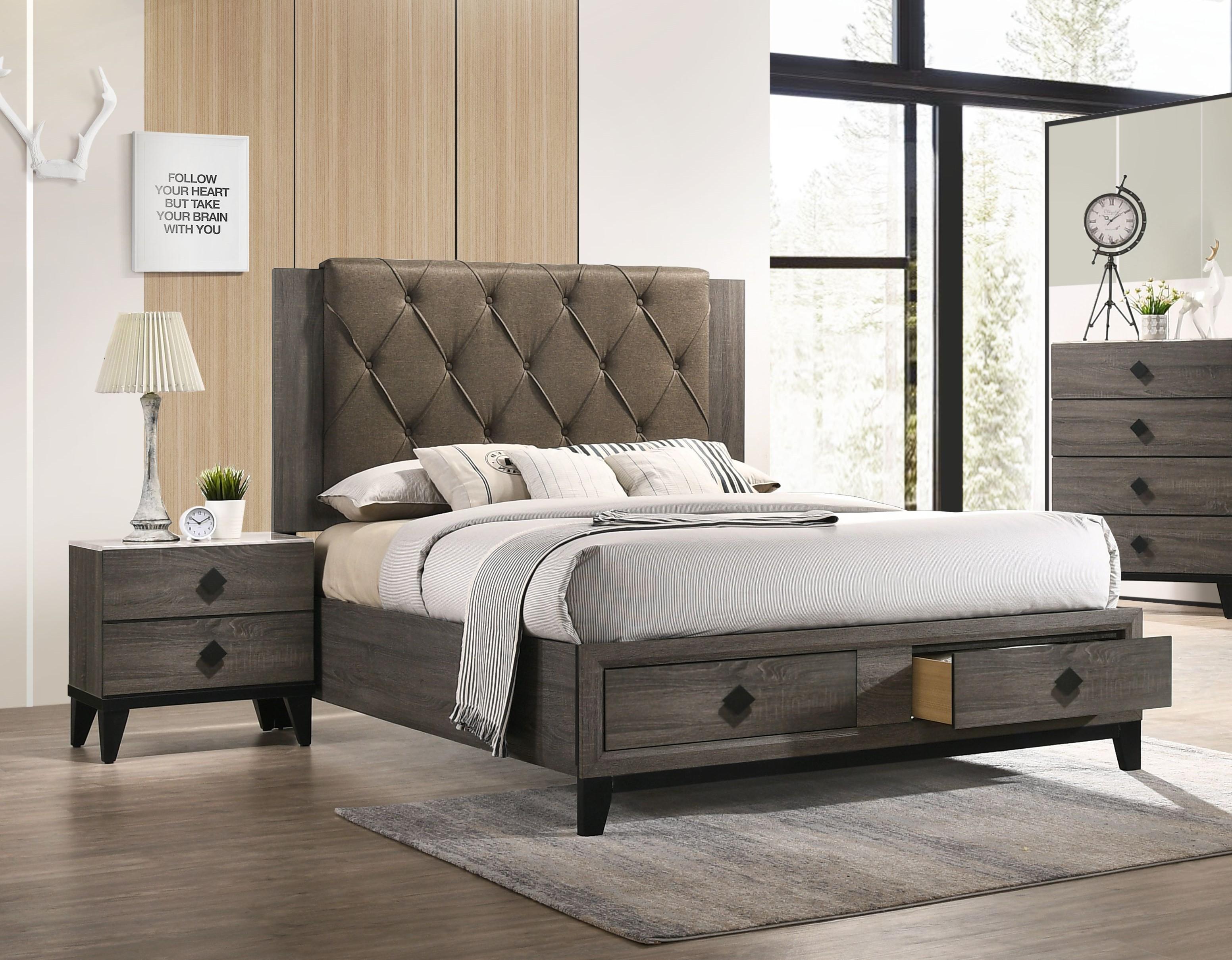 Transitional Storage Bedroom Set Avantika-27667EK-S 27667EK-S-3pcs in Brown Oak and Grey Fabric