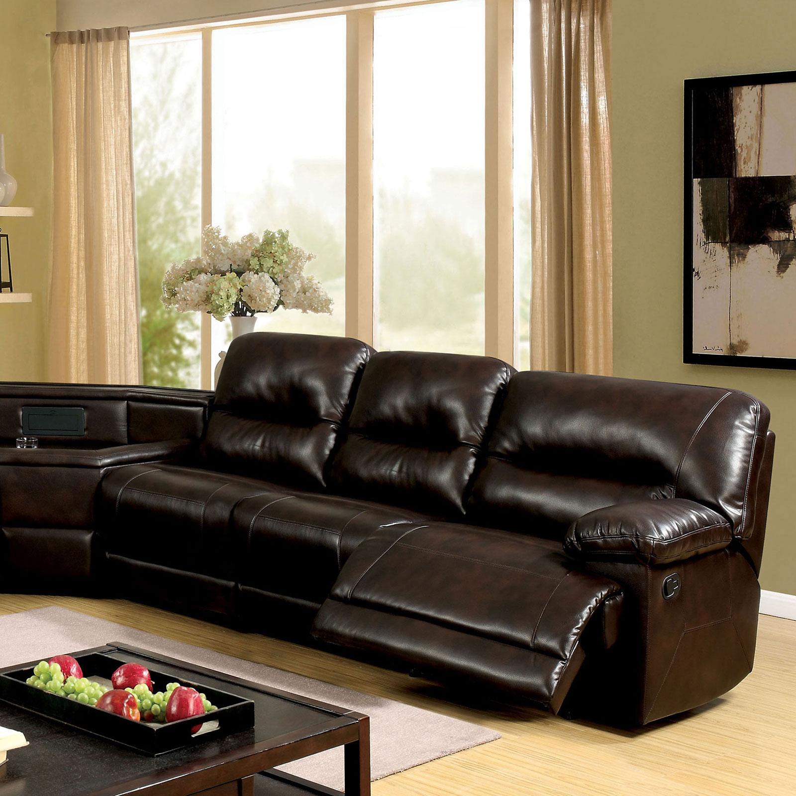 

    
Brown Leatherette Sectional w/ corner table GLASGOW CM6822BR FoA Group Modern
