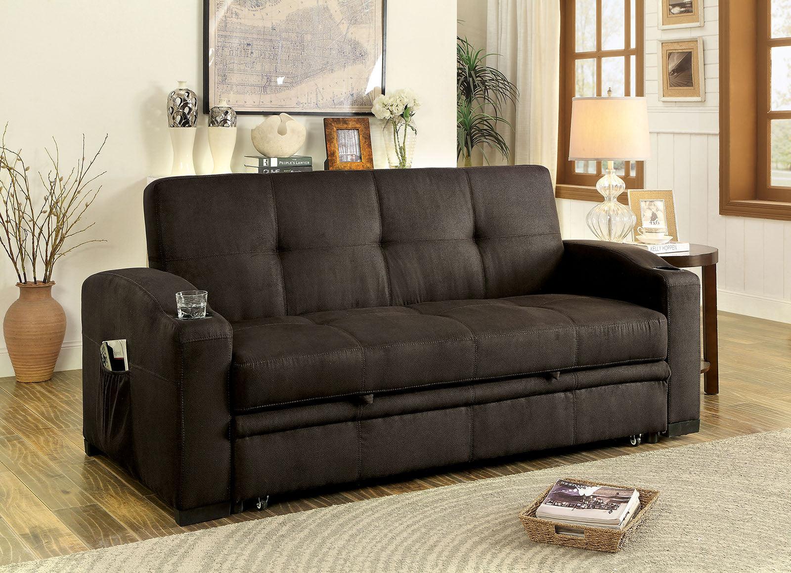 

    
Transitional Dark Brown Fabric Futon Sofa Furniture of America CM2691 Mavis
