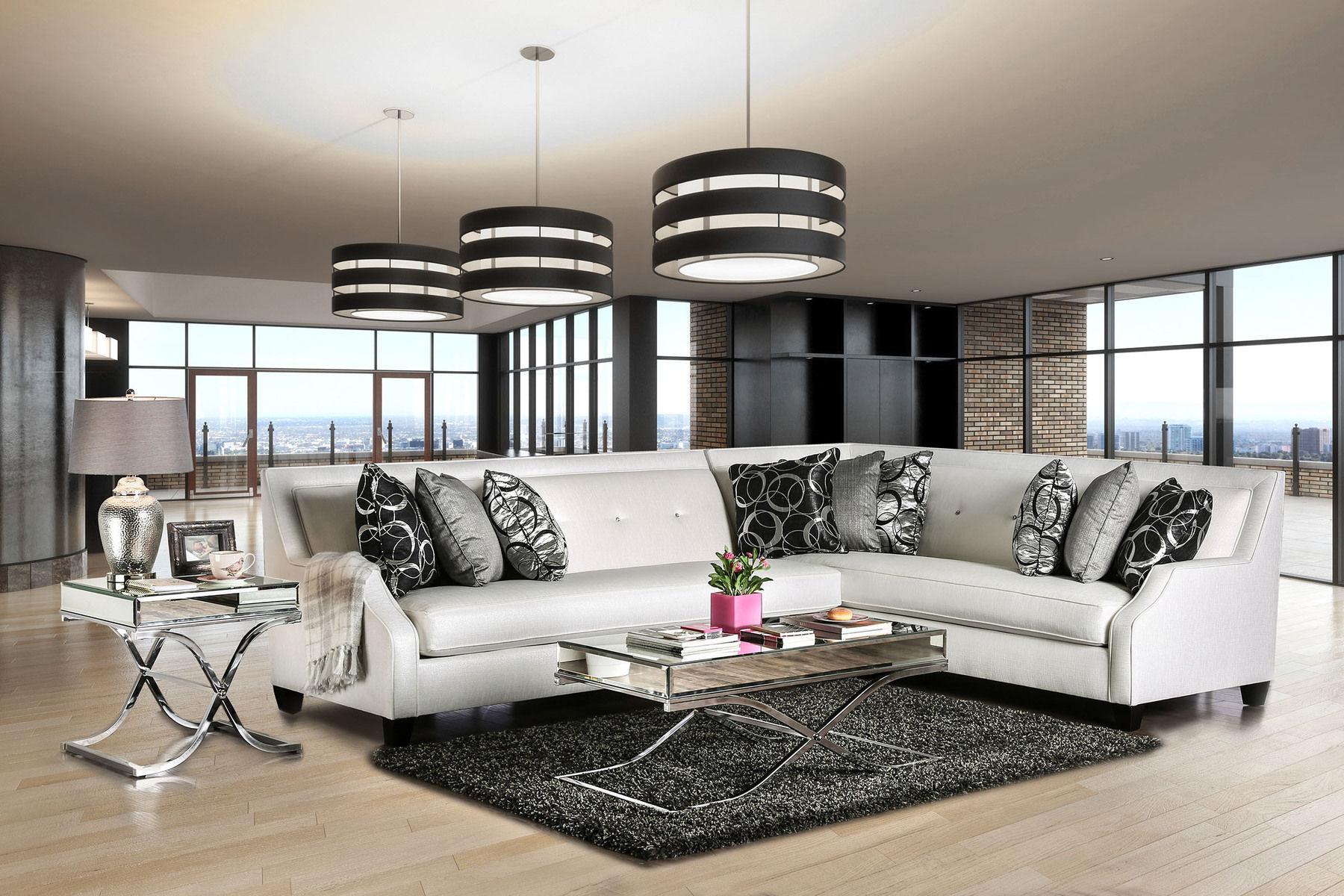 

    
White High-Shine Fabric Sectional Sofa BETRIA SM2263 Furniture of America Glam
