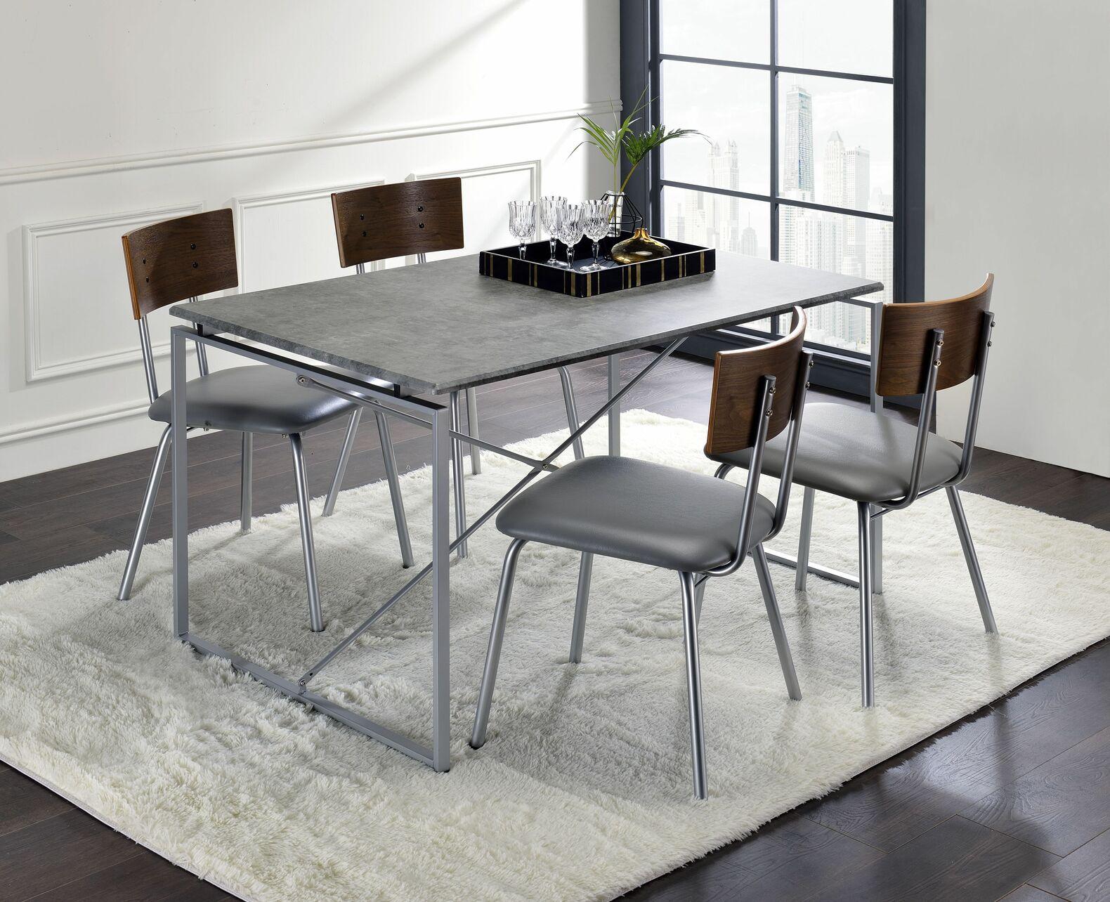 

    
Transitional Faux Concrete & Silver Dining Table + 4x Chairs by Acme Jurgen 72905-5pcs
