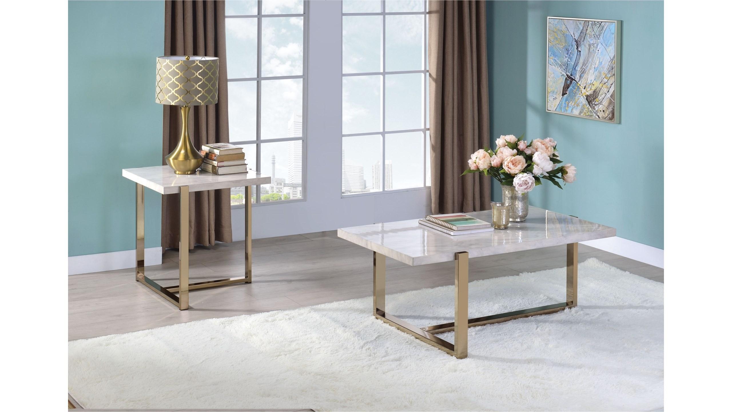 

    
Transitional Faux Marble & Champagne Coffee Table + 2 End Tables by Acme Feit 83105-3pcs
