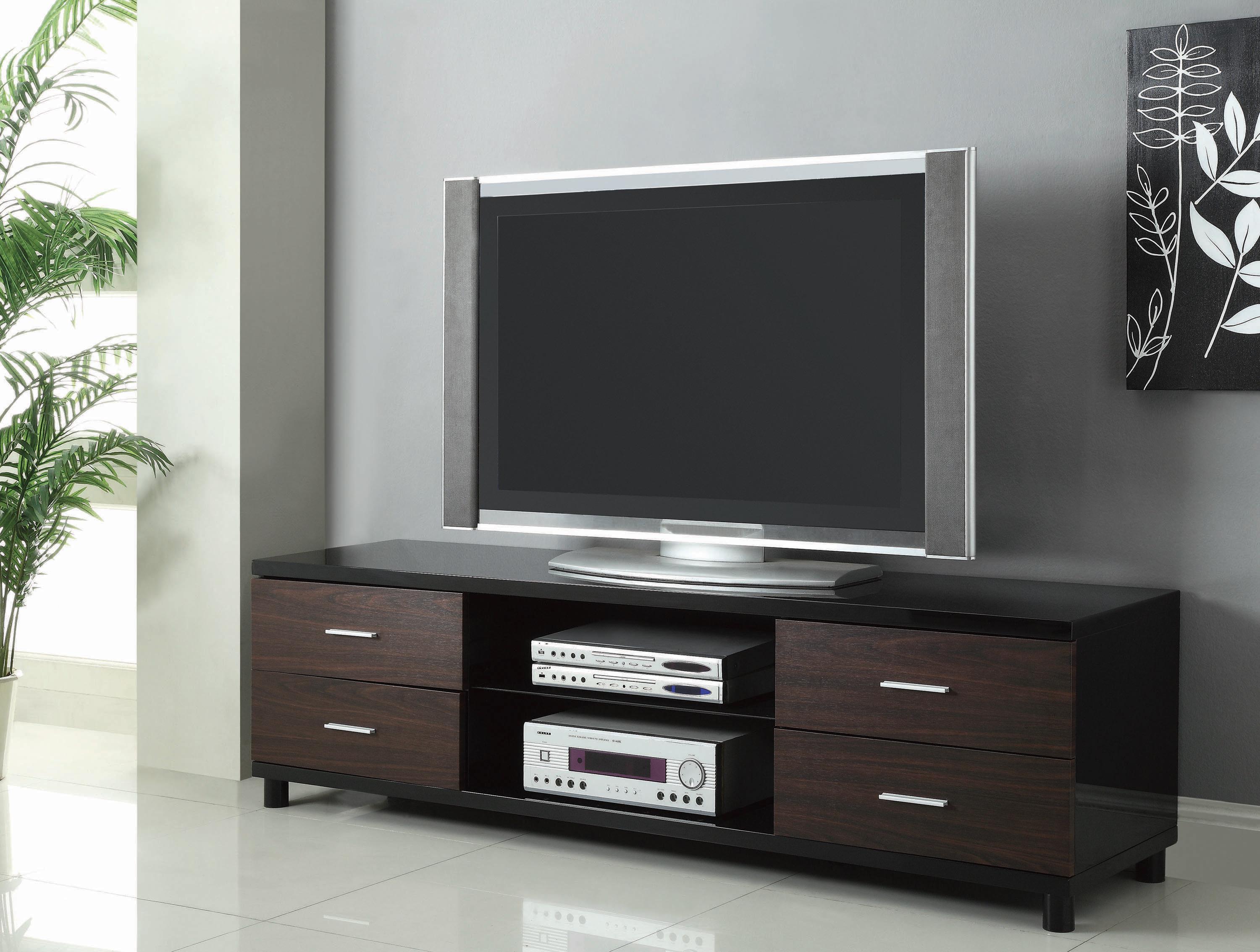 

    
Transitional Glossy Black & Walnut Finish Wood TV Console Coaster 700826
